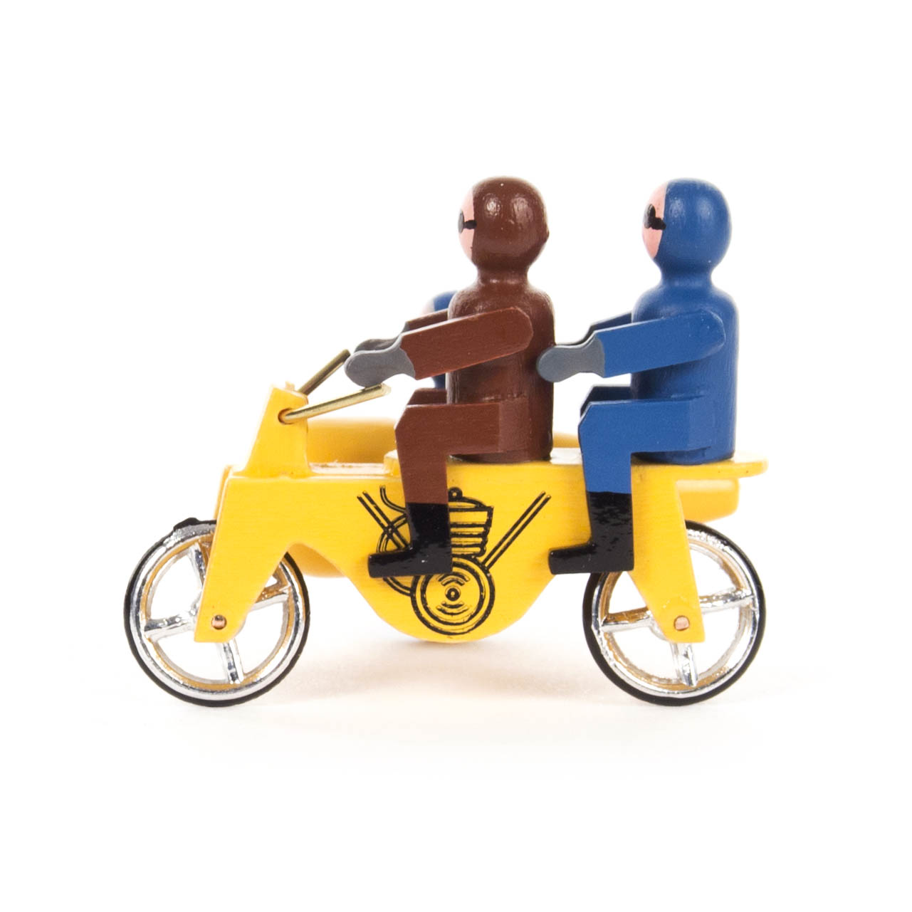 Gelbes Miniatur-Doppelsitzer-Motorrad mit zwei stilisierten Figuren, einer in braunem Anzug und einer in blauem Anzug, mit Seitenwagen.