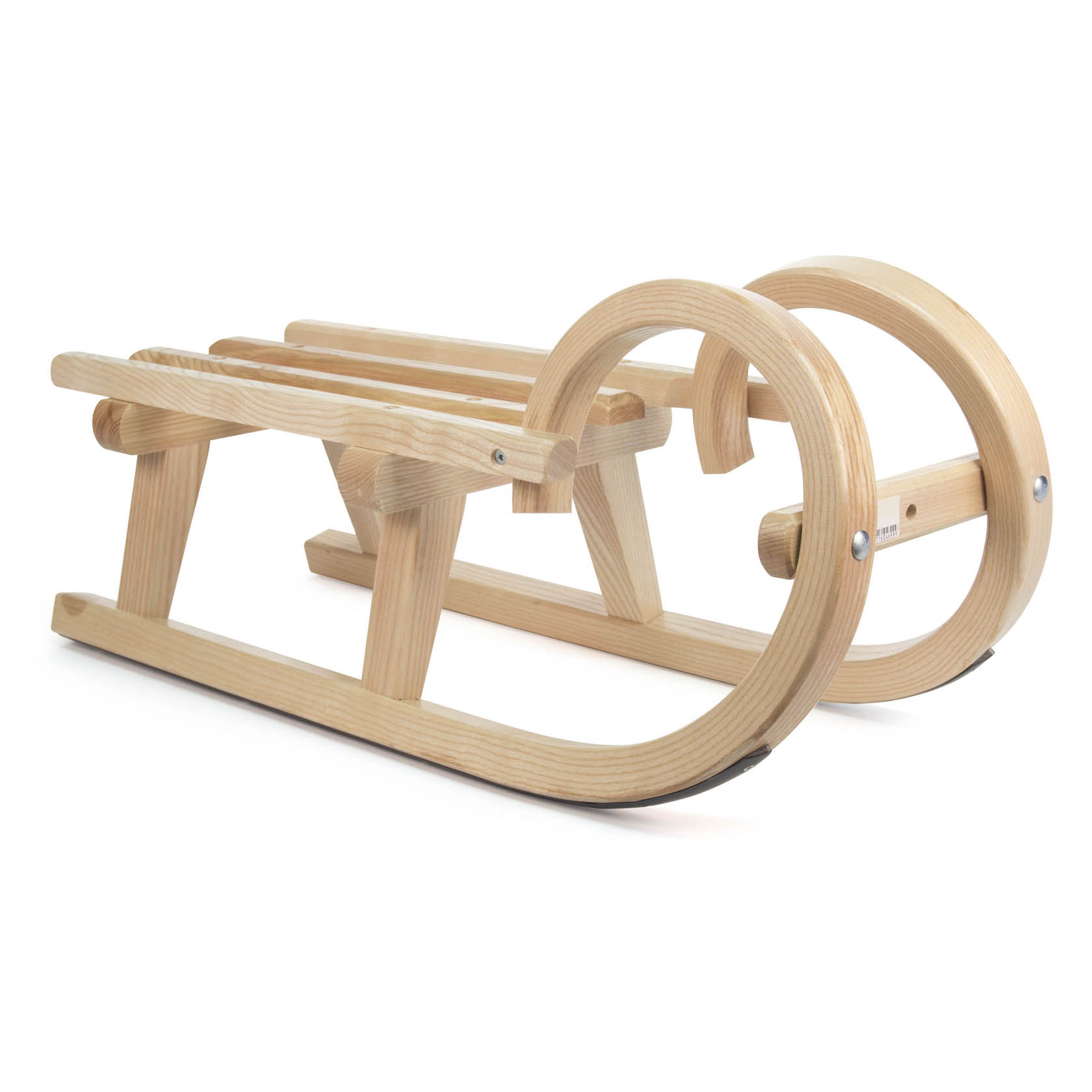 Ein hölzerner Hörnerschlitten mit einer Sitzfläche aus Holzlatten und geschwungenen Kufen vorne. im Dregeno Online Shop günstig kaufen