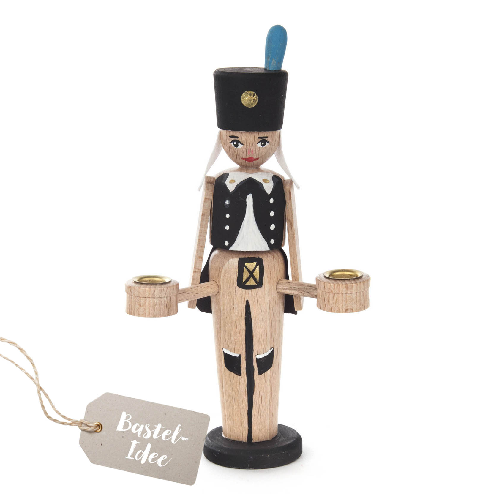 Holzfigur eines Bergmanns mit schwarzem Hut und Uniform, blauer Feder, die je einen Kerzenhalter in beiden Händen trägt, auf rundem Sockel stehend. im Dregeno Online Shop günstig kaufen