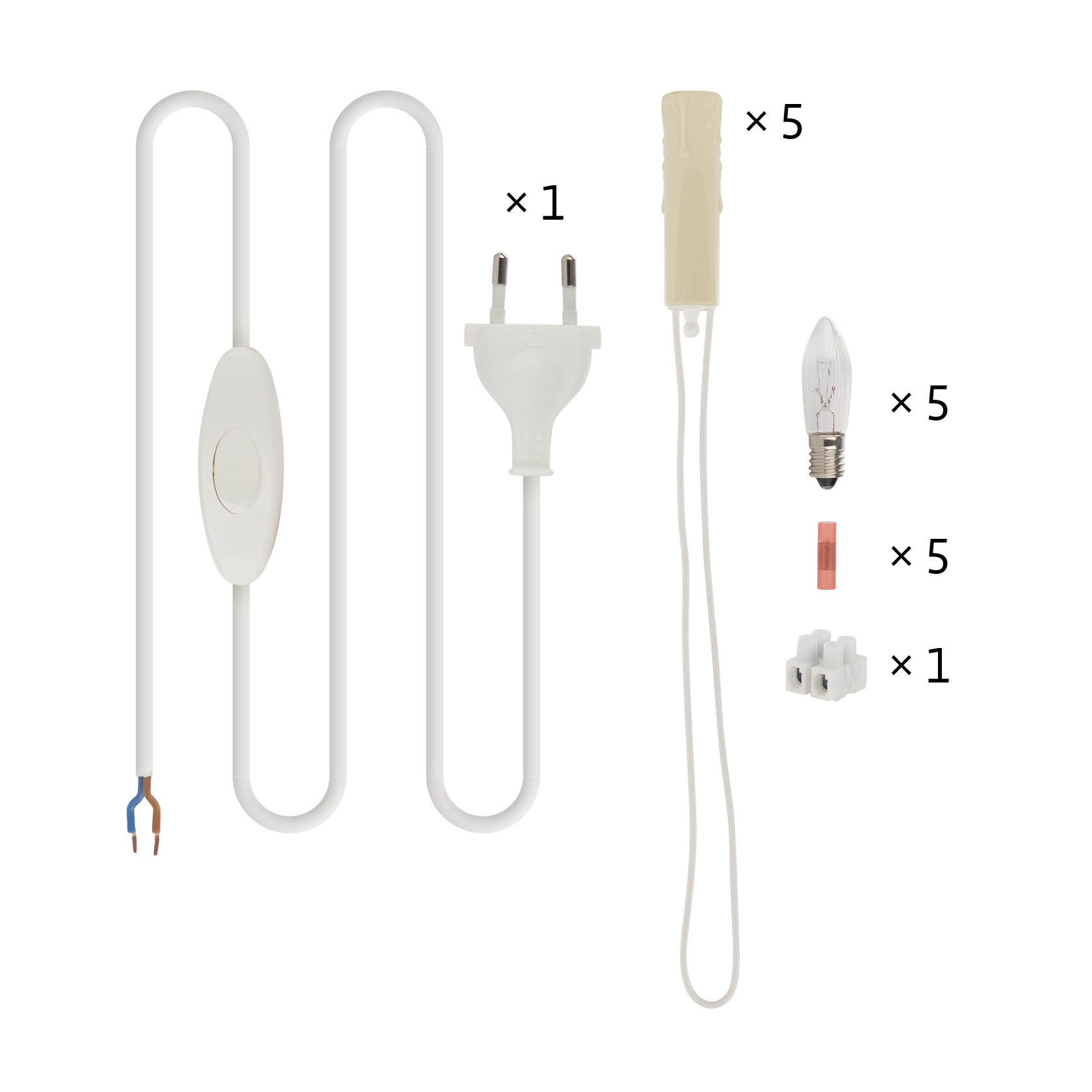 Bauteilsatz für Schwibbogen mit 5 Kerzenfassungen, 5 Glühbirnen, 5 Kupferklemmen, einem Kabel mit Schalter und Stecker sowie einer Lüsterklemme. im Dregeno Online Shop günstig kaufen