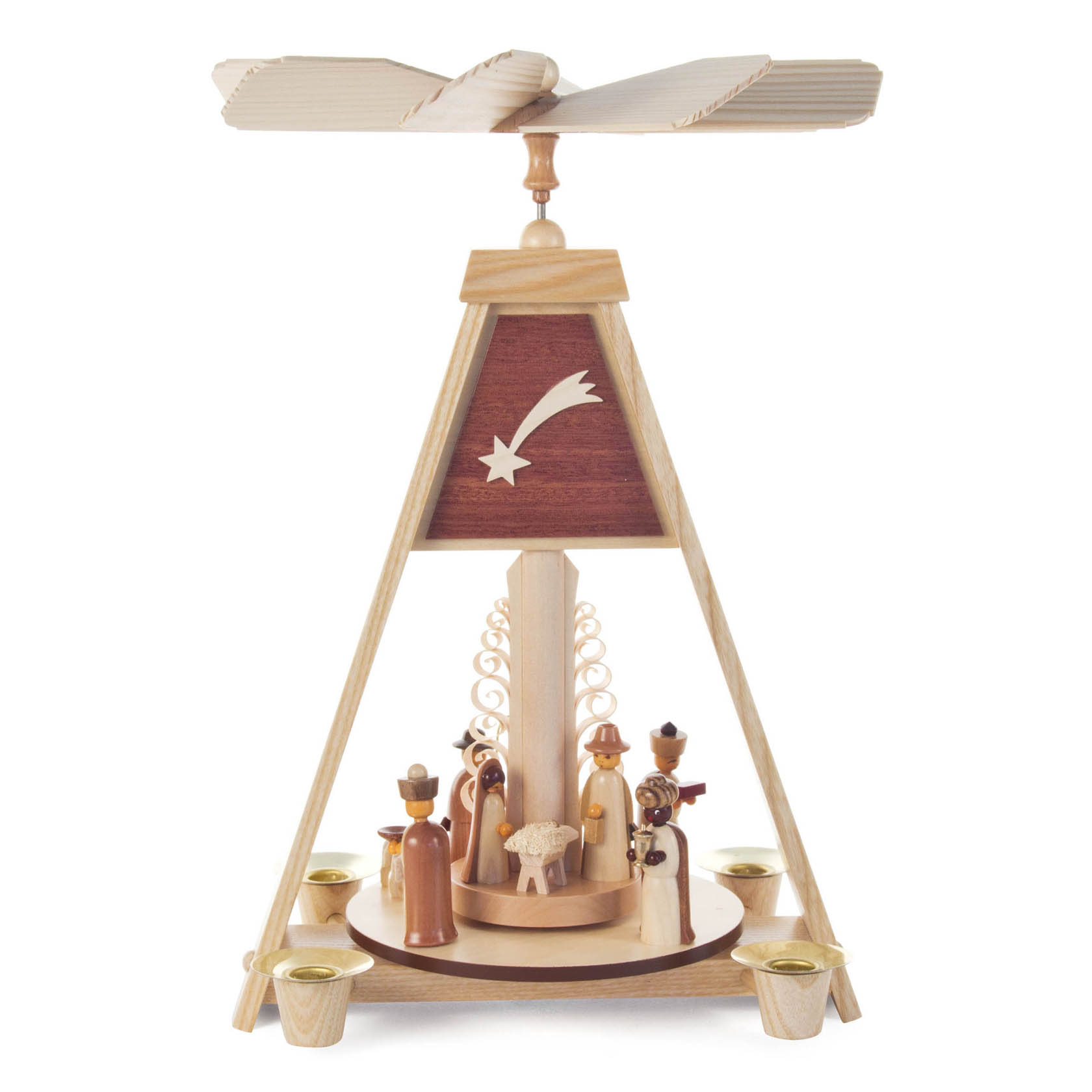 A wooden Christmas pyramid featuring the Nativity scene with Mary, Joseph, baby Jesus, and the three wise men, designed for 14mm diameter candles.