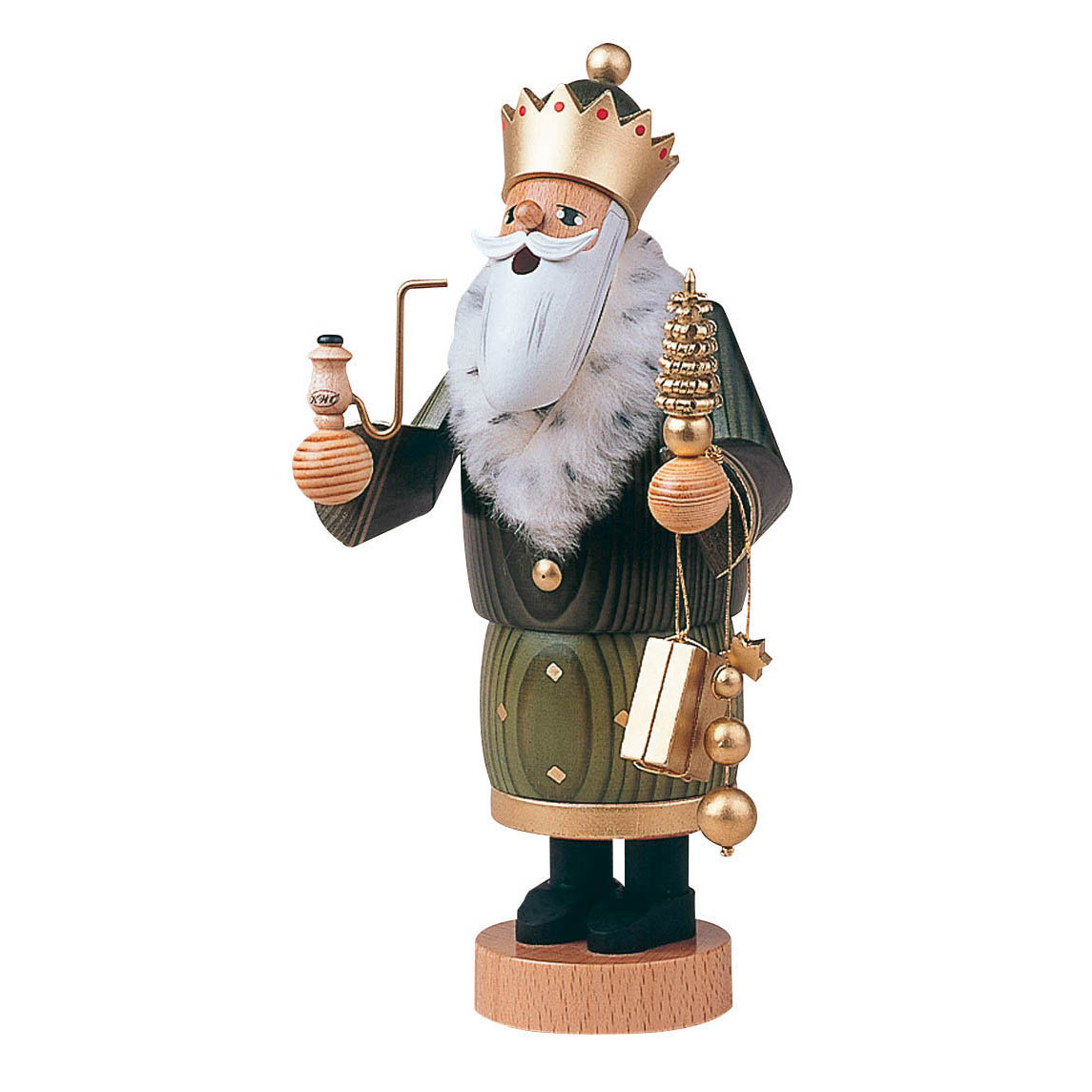 Ein traditioneller Räuchermann in Form des Weisen Balthasar, 22 cm groß, mit Krone, Pfeife, Geschenk und geschmücktem Weihnachtsbaum. im Dregeno Online Shop günstig kaufen