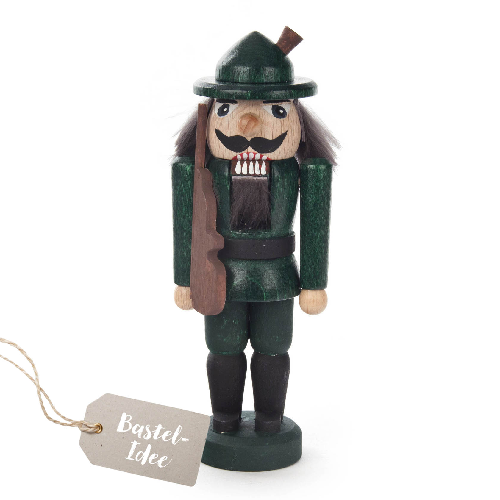 Ein grüner Nussknacker in Form eines Jägers mit einem Gewehr und Hut. im Dregeno Online Shop günstig kaufen