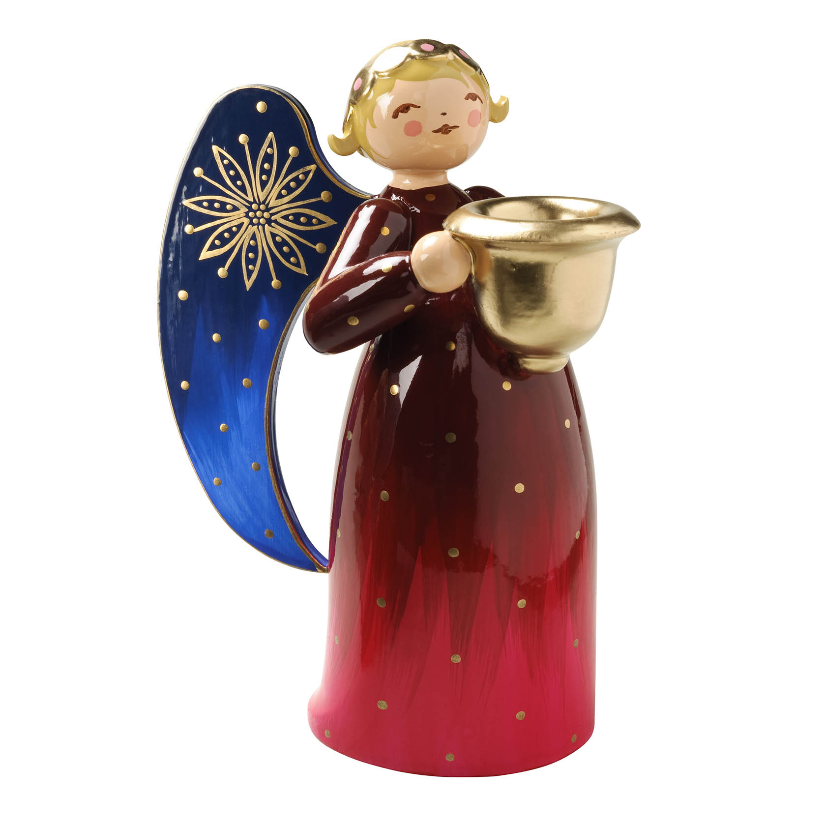 Ein reich bemalter Engel mit goldenem Lichtnapf, rotem Gewand und blauem, mit goldenen Stern verzierten Flügel. im Dregeno Online Shop günstig kaufen