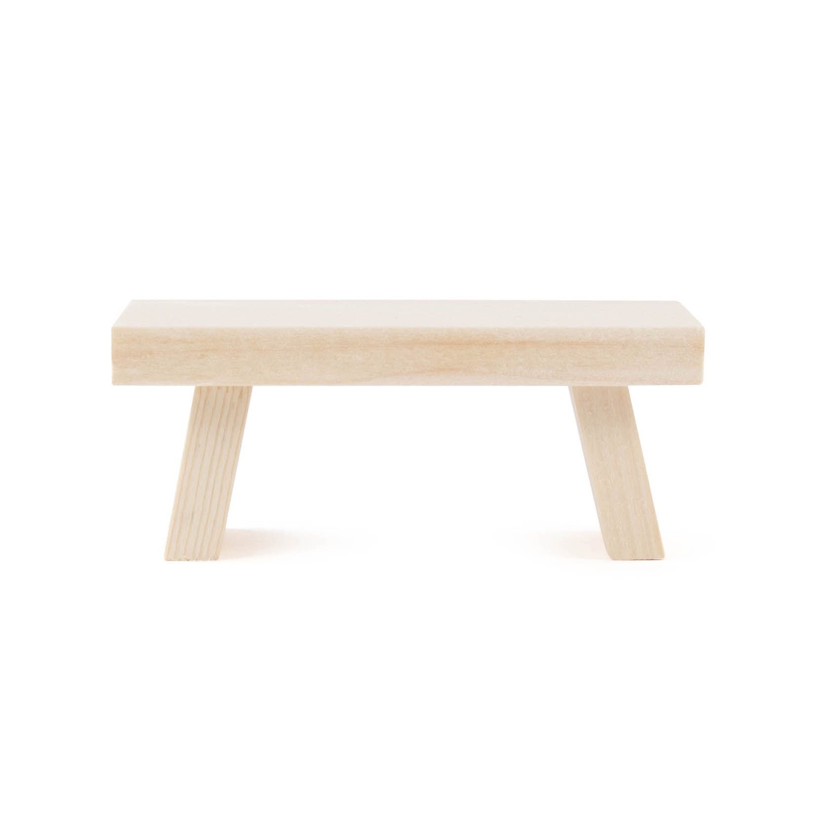 Kleines, minimalistisches Dekobänkchen aus hellem Holz, etwa 10 cm hoch, mit zwei leicht schrägen Beinen. im Dregeno Online Shop günstig kaufen