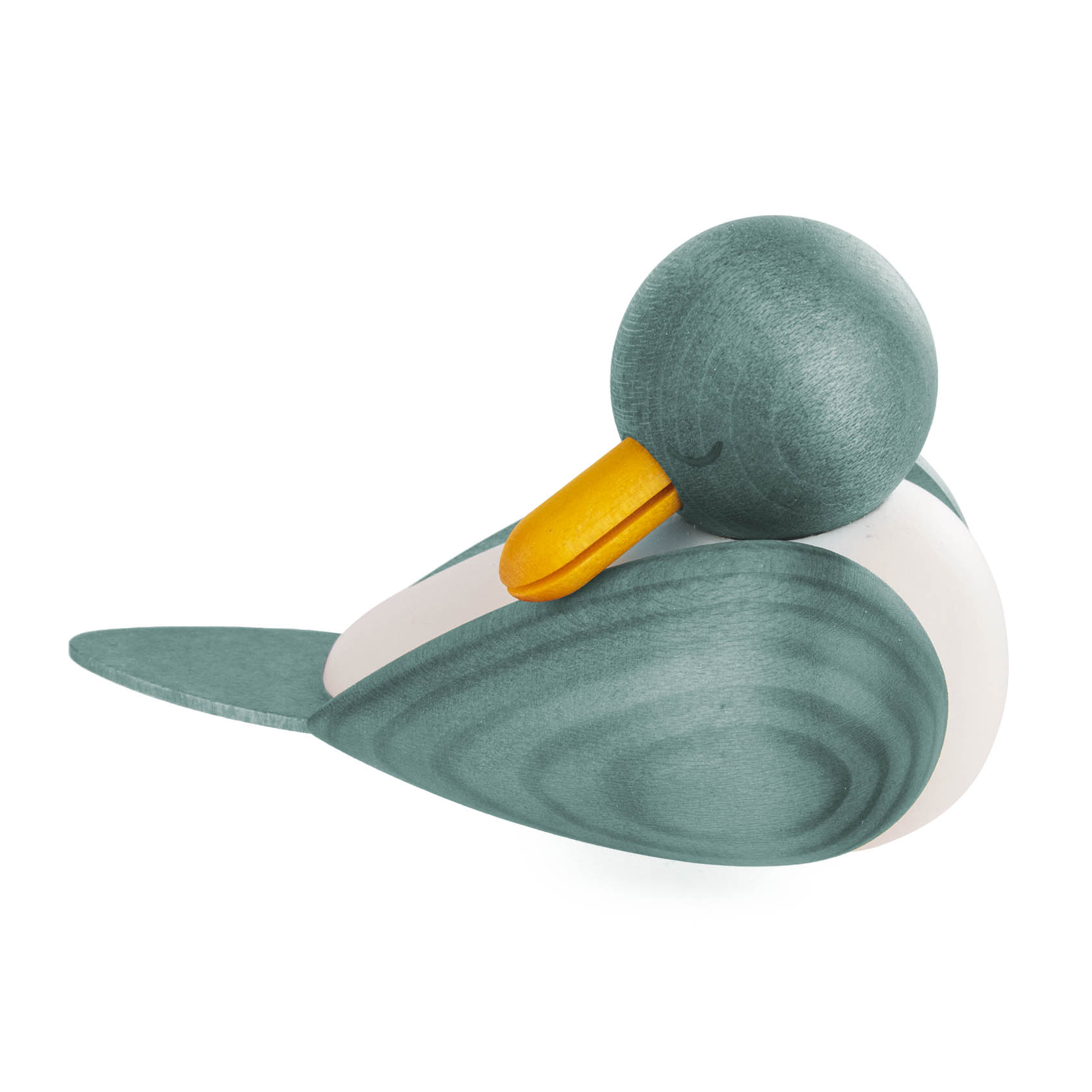 Eine hölzerne, blau-weiße Möwenskulptur mit geschlossenem Auge und orangefarbenem Schnabel liegt auf der Seite, als ob sie schläft. im Dregeno Online Shop günstig kaufen