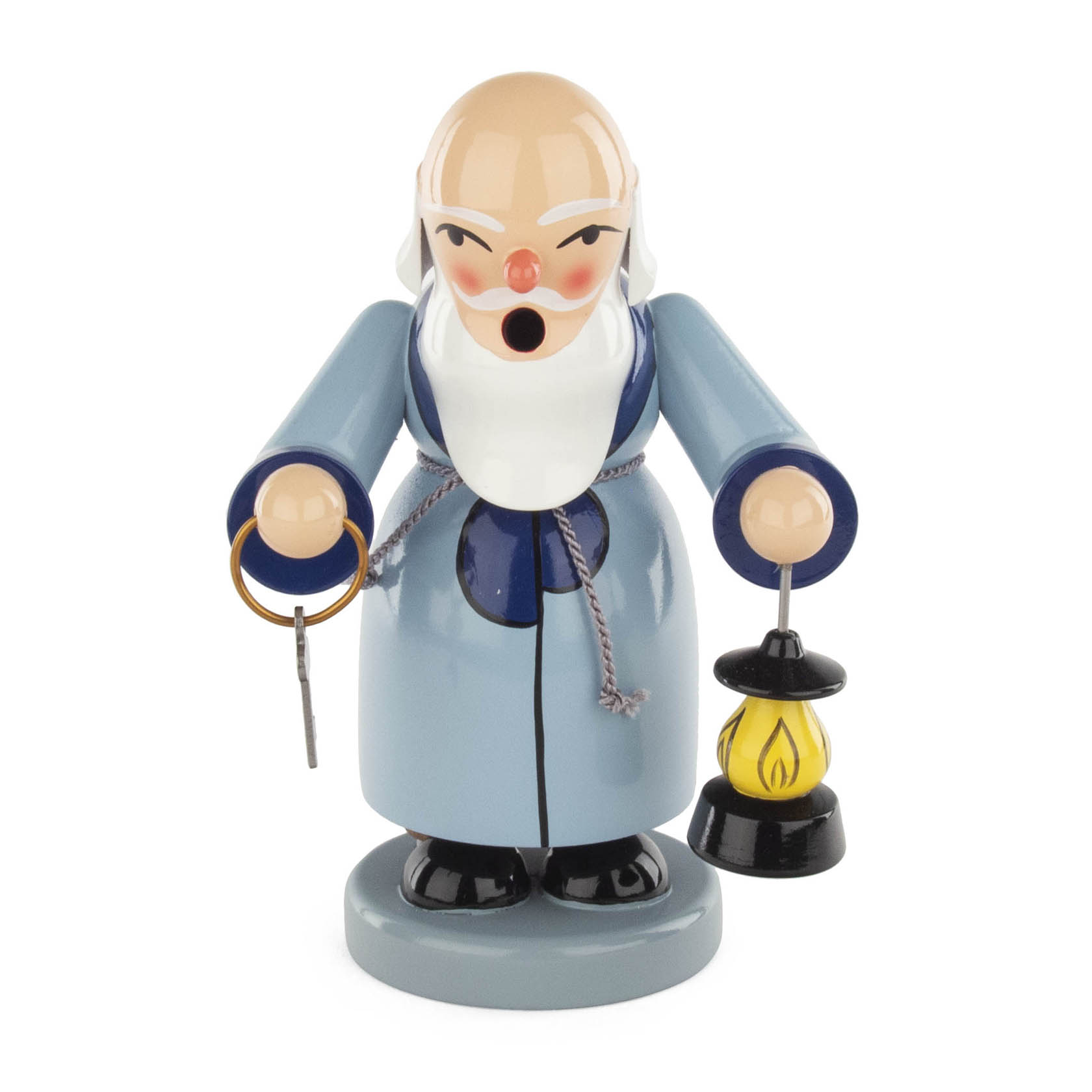 Holzfigur eines Räuchermanns, dargestellt als Petrus, mit Glatze, weißem Bart, in blauem Mantel, hält einen goldenen Schlüssel in der rechten und eine Laterne in der linken Hand. im Dregeno Online Shop günstig kaufen