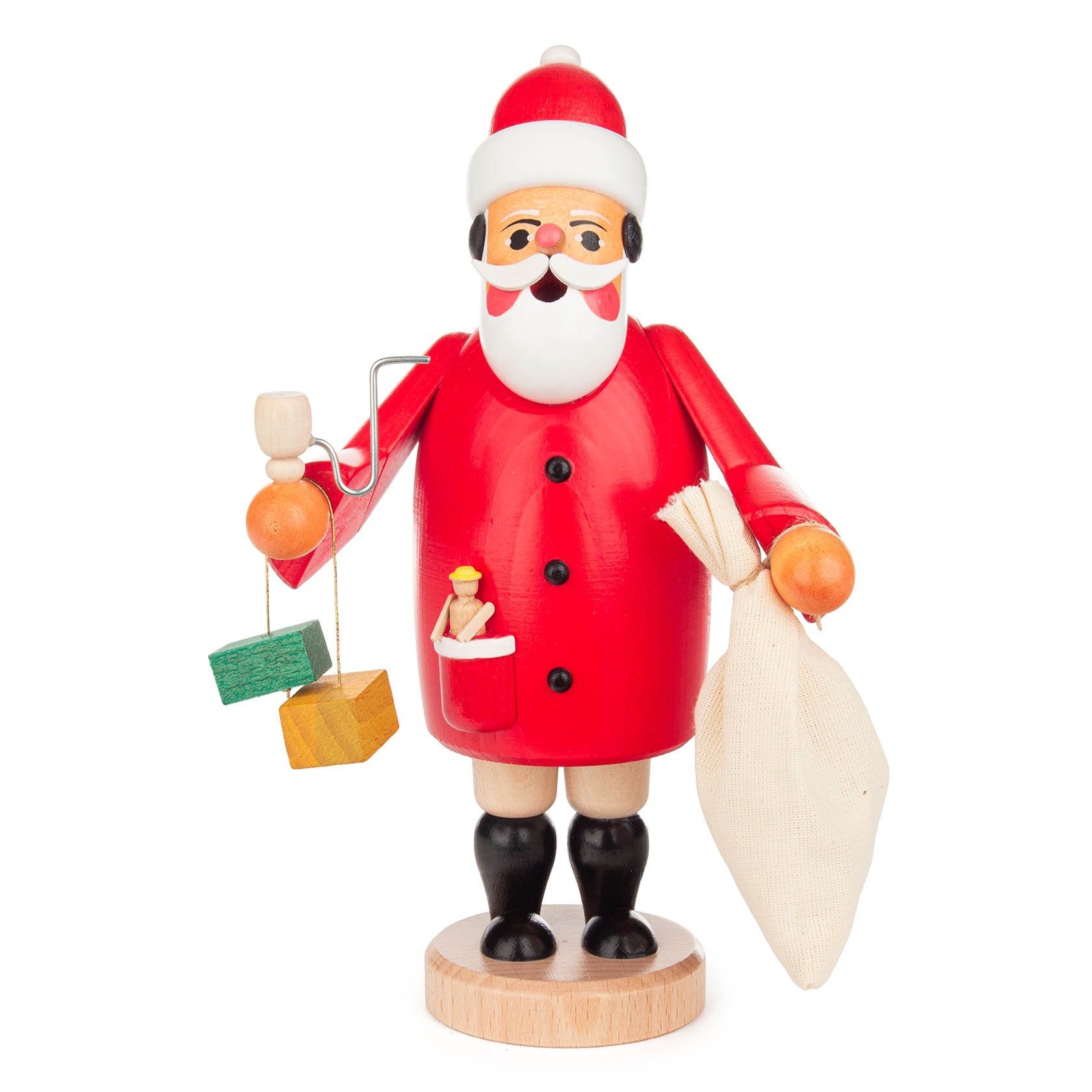 Ein traditioneller Räuchermann in Form von Ruprecht, hält eine Pfeife, einen Sack und zwei Geschenke in der Hand, trägt roten Mantel und Mütze. im Dregeno Online Shop günstig kaufen