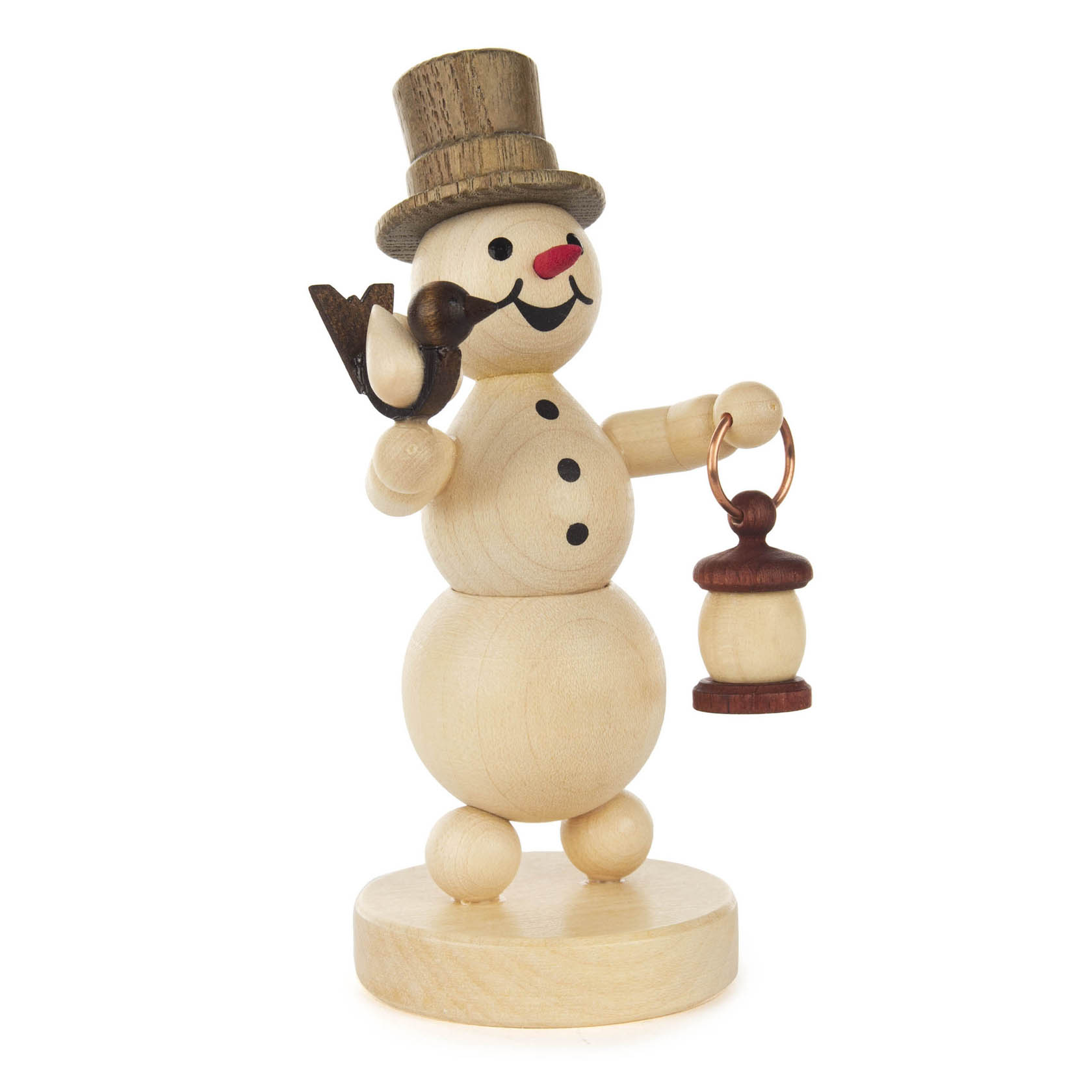 Holzschneemann mit schwarzem Zylinder, Pfeife und roter Nase, hält eine Laterne in der linken Hand und hat einen Vogel auf der rechten. im Dregeno Online Shop günstig kaufen