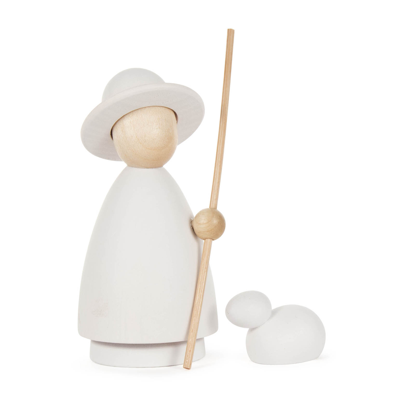 Minimalistische Holzfigur eines Schäfers mit einem langen Stab und einem kleinen Schaf in Weiß und Naturholzfarben. im Dregeno Online Shop günstig kaufen