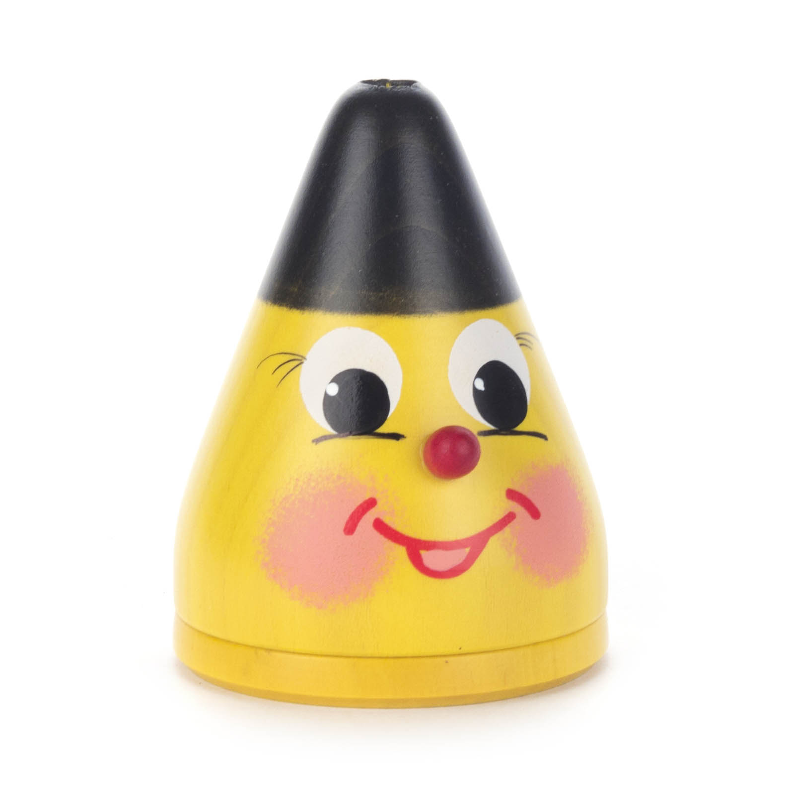 Gelbe, konische Räucherkerze mit lachendem Gesicht, roten Wangen und schwarzem Hut auf der Spitze. im Dregeno Online Shop günstig kaufen