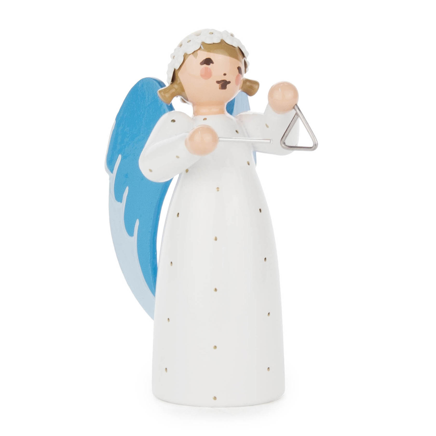 Ein Engel aus Holz in weißem Kleid, mit blauen Flügeln und einer Triangel in den Händen. im Dregeno Online Shop günstig kaufen