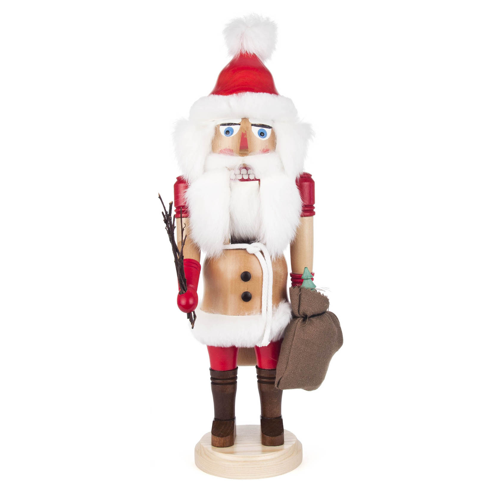 A red Santa Claus nutcracker holding a twig and a gift sack, measuring 40 cm in height. im Dregeno Online Shop günstig kaufen