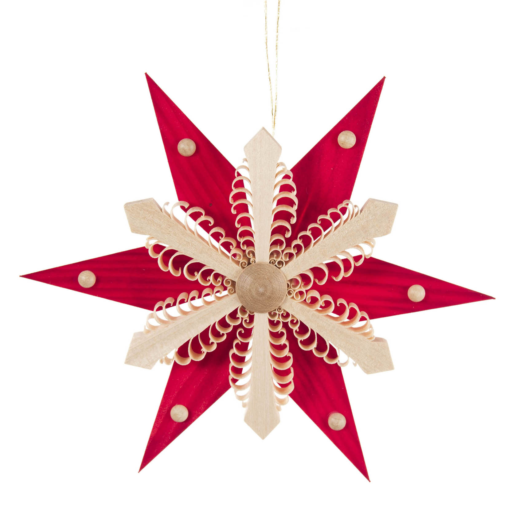Ein Weihnachtsstern aus Holz mit roten und naturfarbenen Elementen, der an einem schmalen Band hängt. im Dregeno Online Shop günstig kaufen