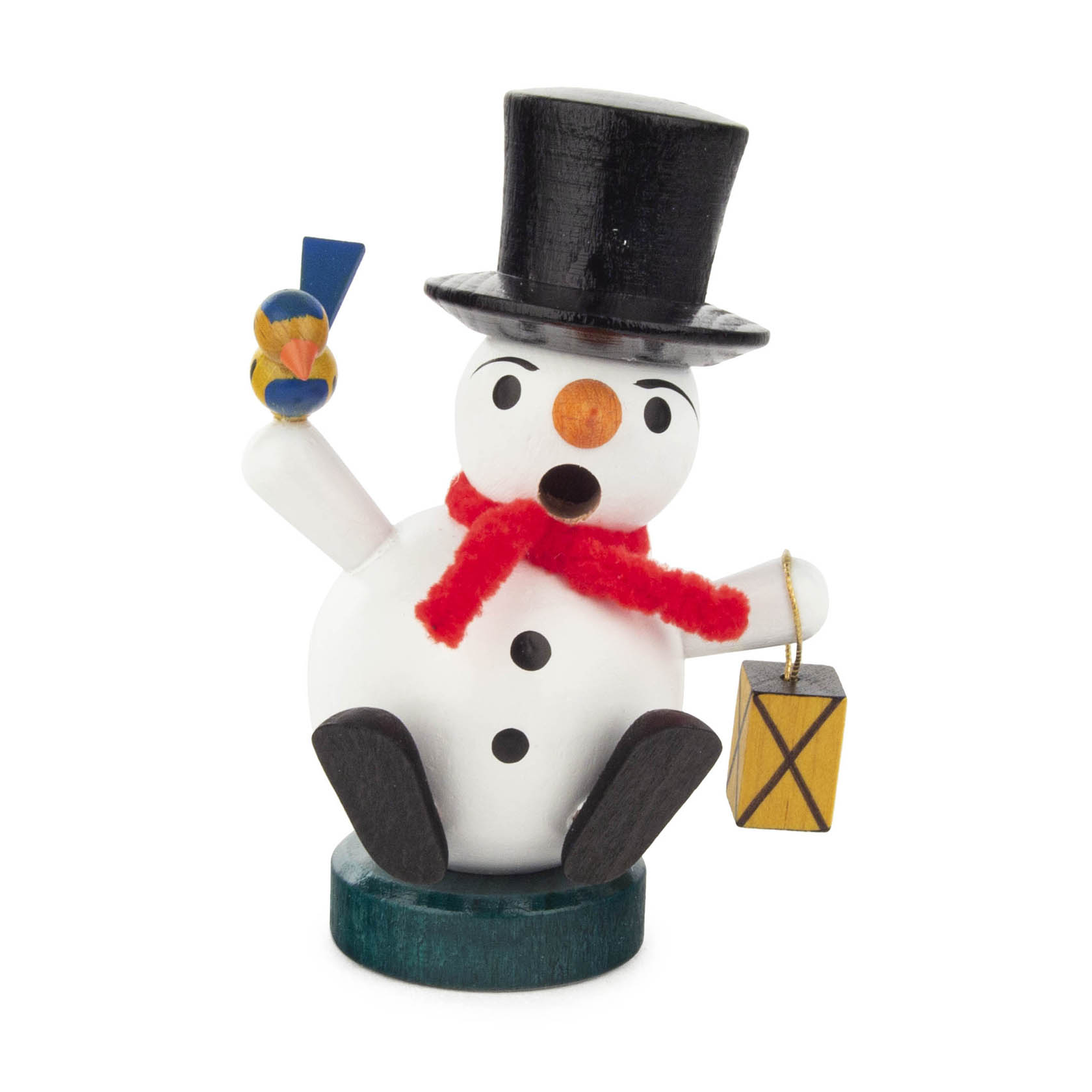 Ein Mini-Räuchermann in Form eines Schneemanns mit rotem Schal, schwarzem Hut, Pfeife und einem Vogel in der Hand. Der Schneemann hält eine gelbe Laterne. im Dregeno Online Shop günstig kaufen