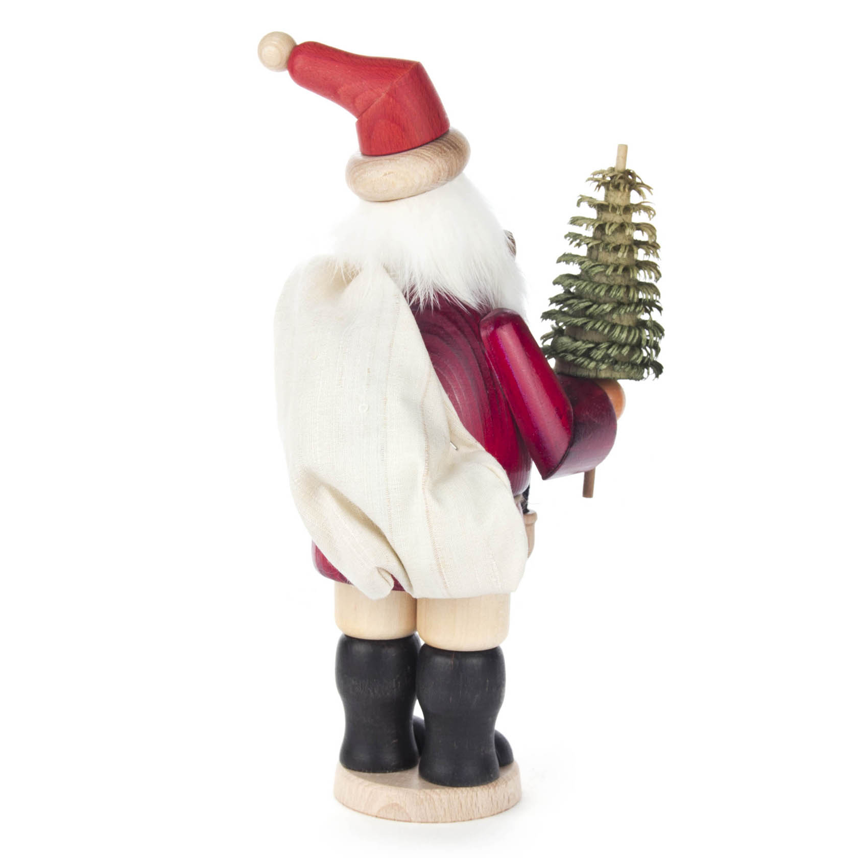 Ein traditioneller Räuchermann in Form eines Weihnachtsmannes mit rotem Mantel, weißem Bart, rotem Zipfelmütze, großem weißen Sack und einem kleinen Weihnachtsbaum.