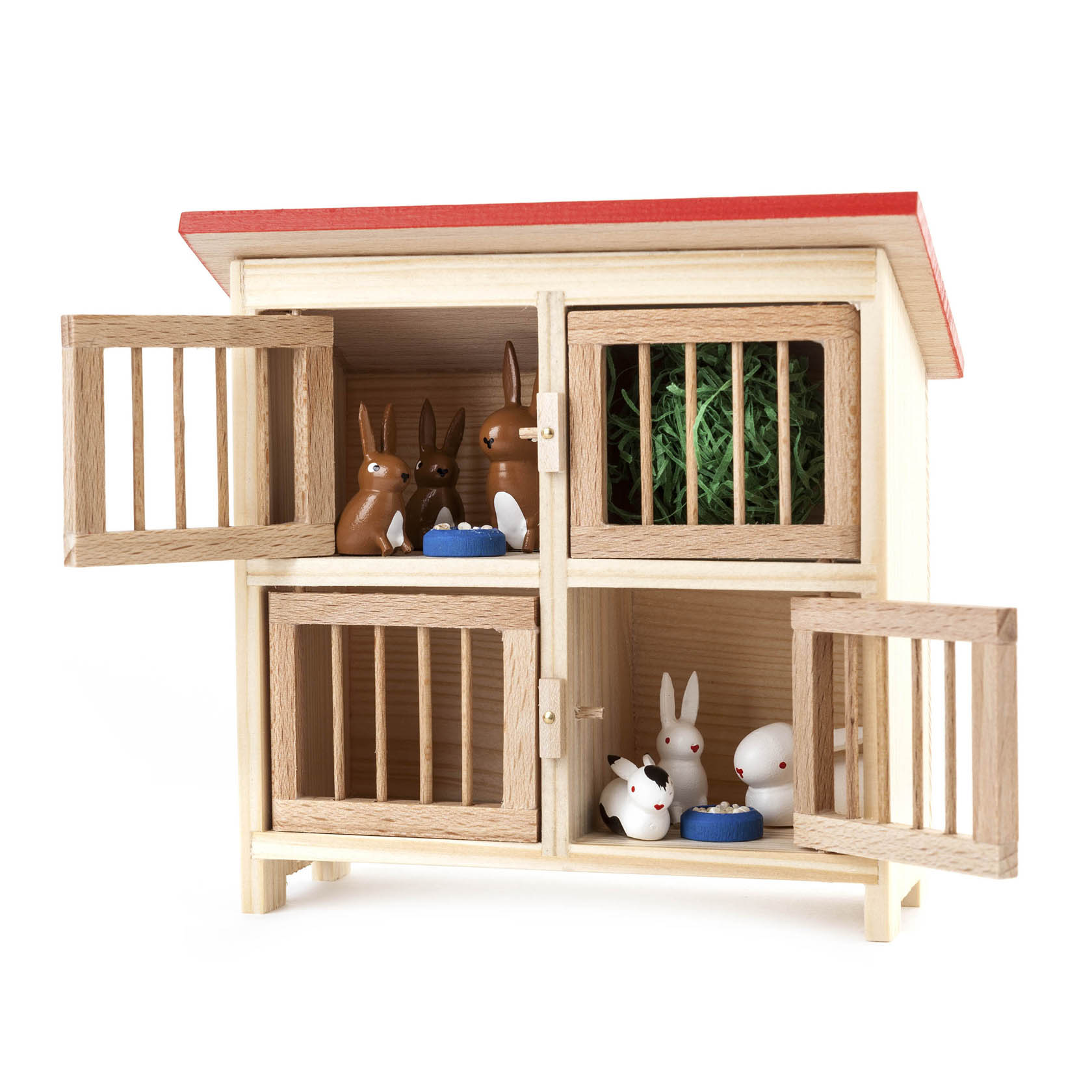 Ein großer Hasenstall mit zwei dunkelbraunen Hasen im oberen Fach und sieben weißen Hasen im unteren Fach. Einige Hasen haben blaue Futternäpfe vor sich. im Dregeno Online Shop günstig kaufen