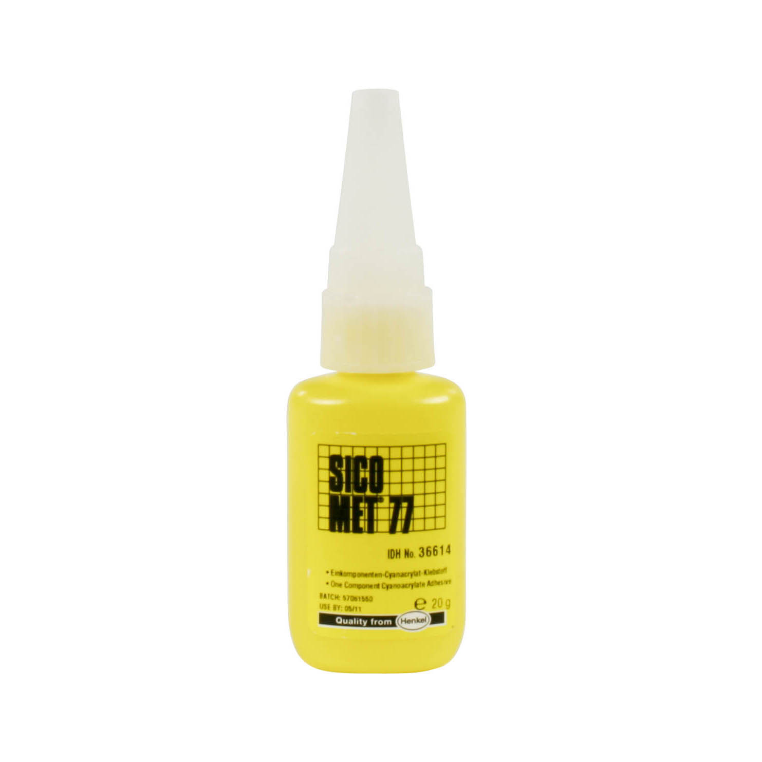 Gelbe Flasche SICOMET 77 Sekundenkleber mit 20g Inhalt und einem weißen Schraubverschluss. im Dregeno Online Shop günstig kaufen