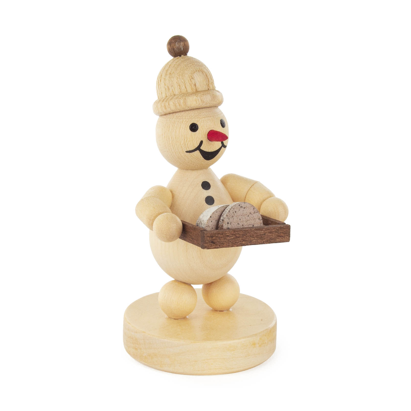 Holzfigur eines Schneemanns mit Mütze und roten Gesichtszügen, hält ein Tablett mit einem Christstollen. im Dregeno Online Shop günstig kaufen