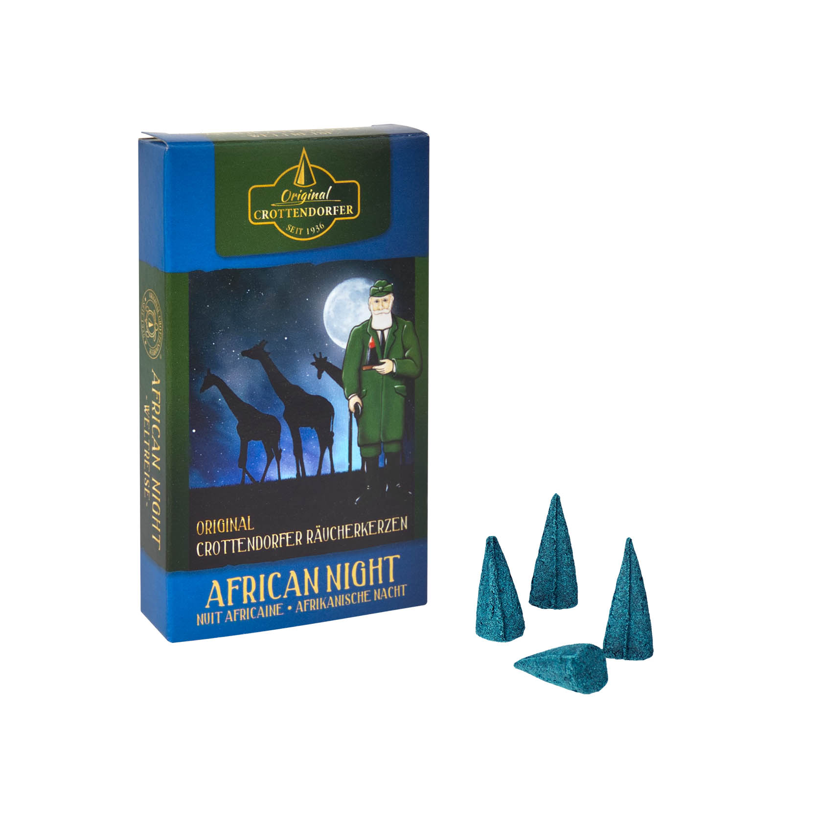 Schachtel mit Crottendorfer Räucherkerzen 'African Night' und drei brennenden Räucherkerzen in Kegelform, mit Rauchfahne. im Dregeno Online Shop günstig kaufen