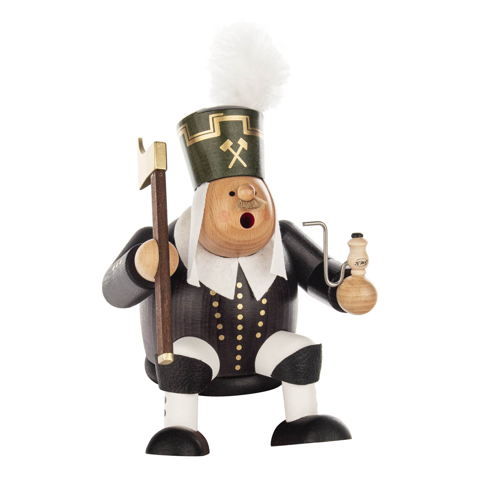 Holzfigur eines Räuchermanns in Form eines sitzenden Bergmanns, etwa 18 cm groß, mit schwarzer Uniform, Pfeife und traditionellem Bergmannshut. im Dregeno Online Shop günstig kaufen