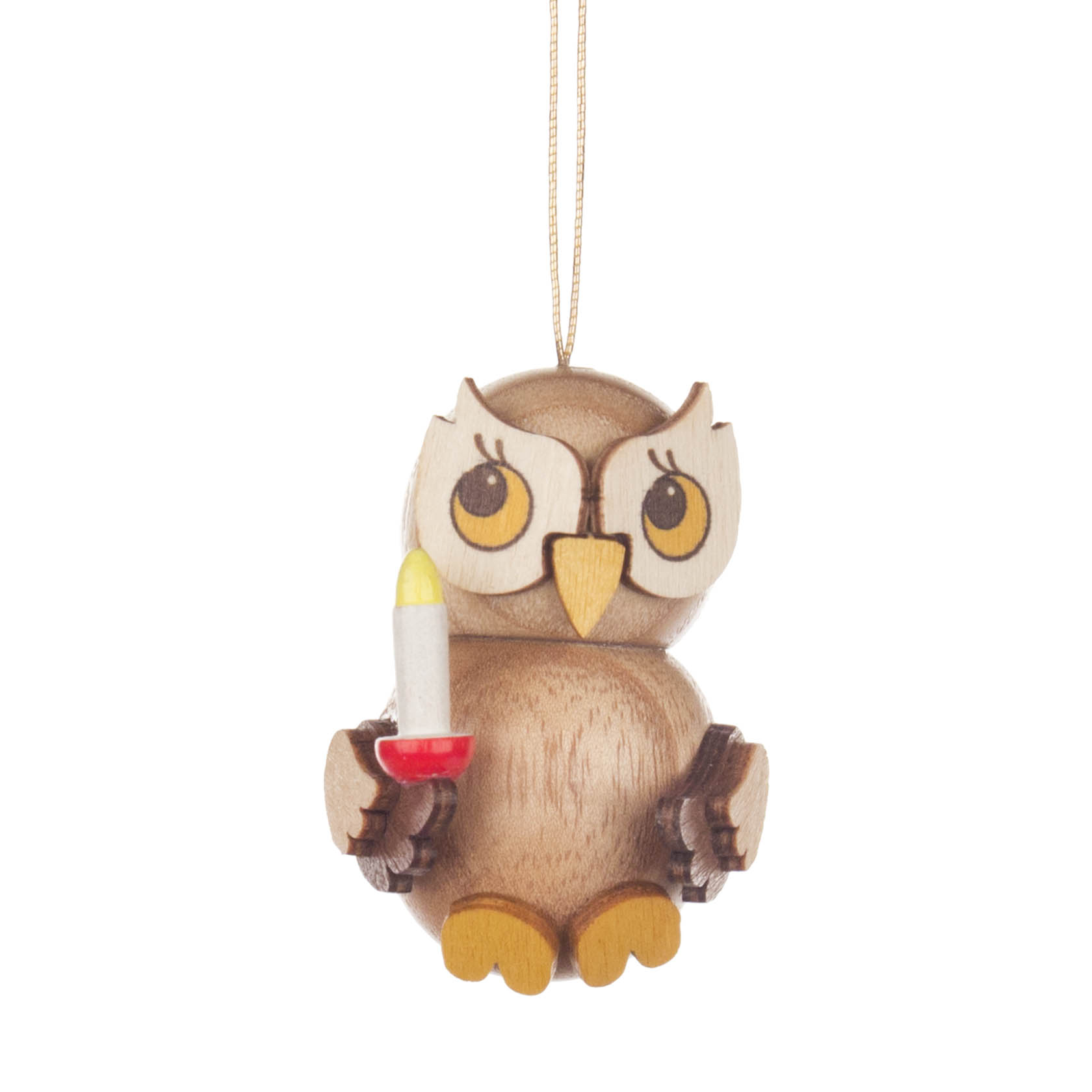 Holzeule mit großen Augen hält eine kleine Kerze in einem roten Kerzenhalter. Sie hat ein freundliches Aussehen und hängt an einer Schnur. im Dregeno Online Shop günstig kaufen
