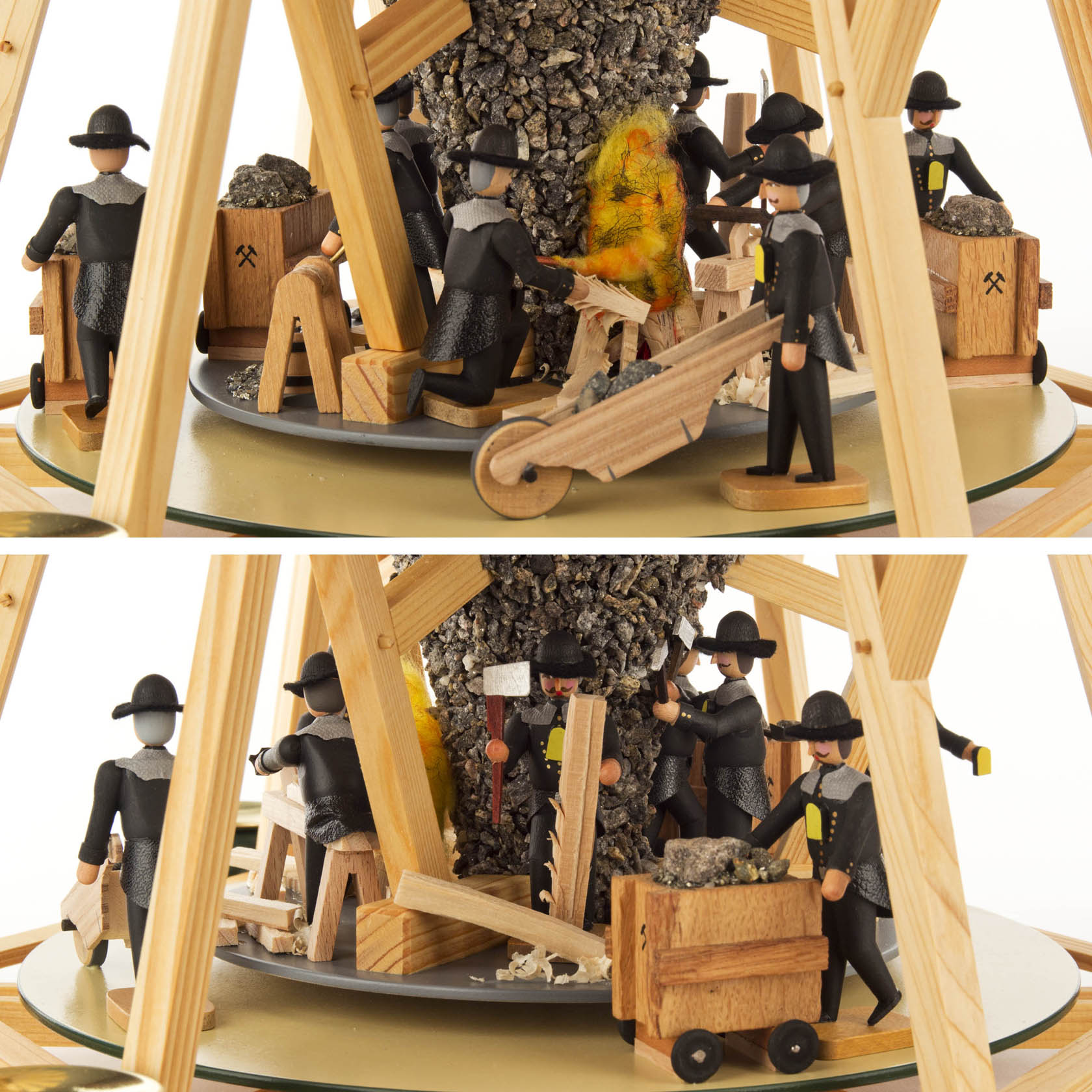Eine dreistöckige Göpelpyramide mit mehreren Holzfiguren, die als Bergleute gekleidet sind und Arbeitswerkzeuge halten. Es sind Stellen für Kerzen mit 20,5mm Durchmesser vorgesehen.