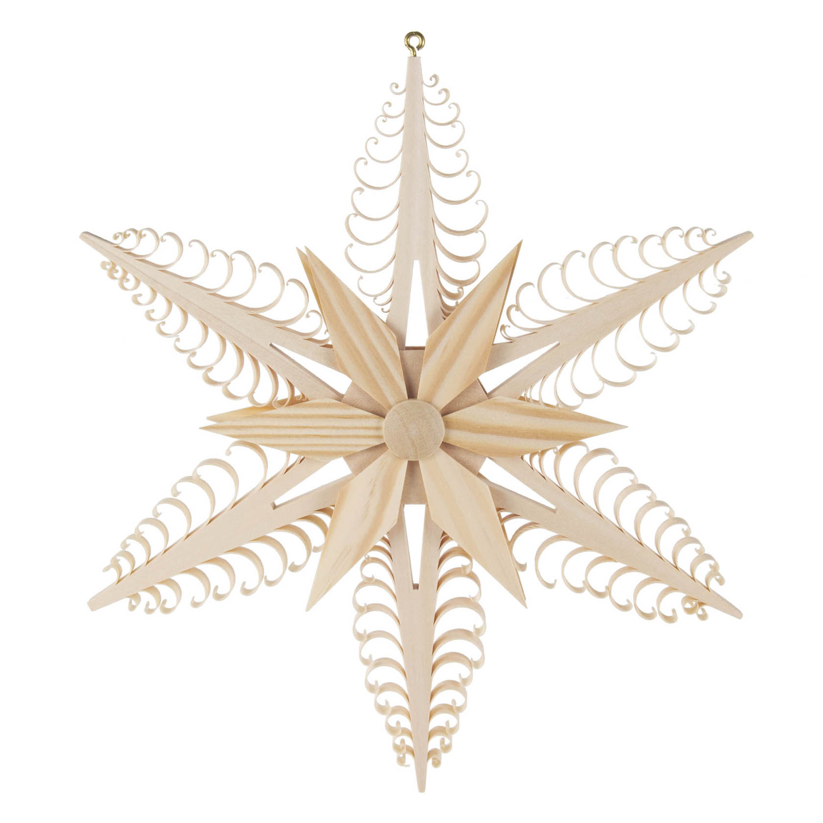 Ein kunstvoll gestalteter Spanstern mit symmetrisch angeordneten Holzspänen, die in Form von Wellen geschwungen sind. im Dregeno Online Shop günstig kaufen