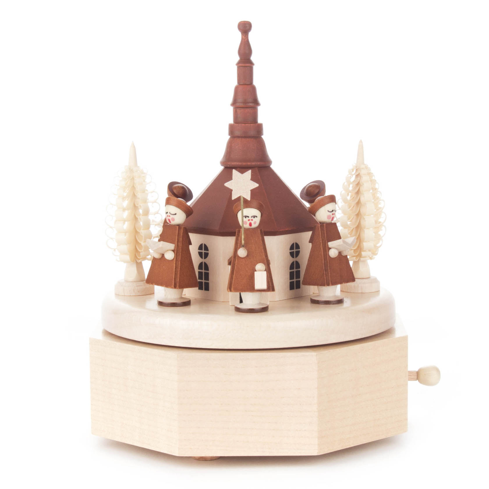 Spieldose mit Seiffener Kirche, umliegenden Kurrende-Figuren in braun, die Gesangsfiguren mit Stern und Lichtern halten, auf achteckiger Basis. im Dregeno Online Shop günstig kaufen