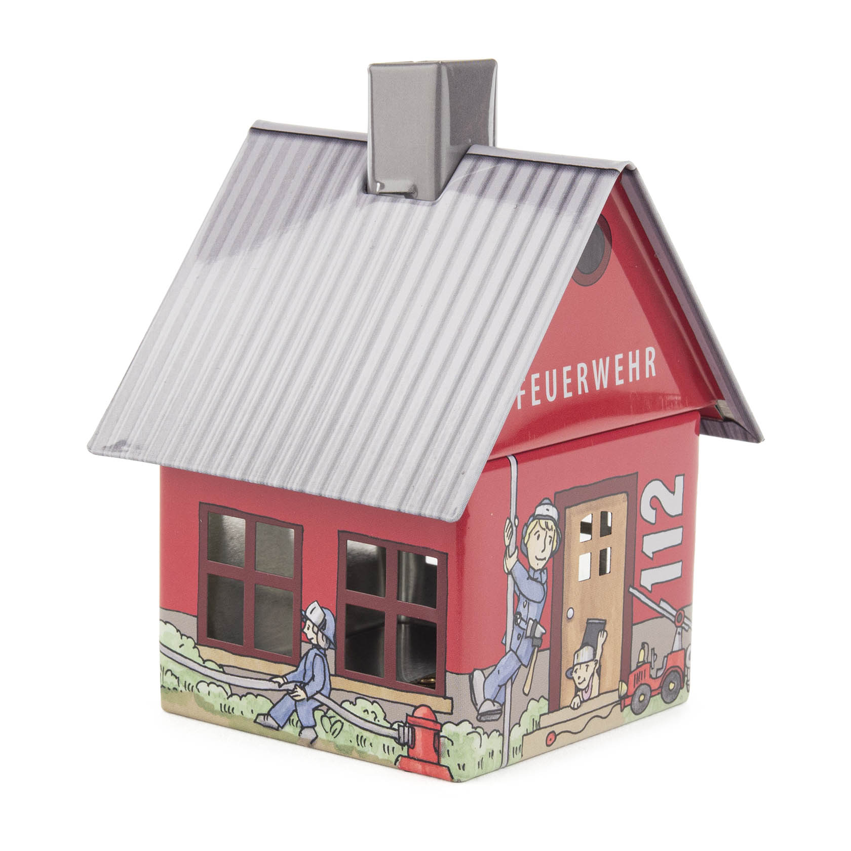 Räucherhaus aus Metall in Form eines roten Feuerwehrhauses mit der Aufschrift 'FEUERWEHR' und '112', bemalt mit Feuerwehrmännern bei der Arbeit. im Dregeno Online Shop günstig kaufen