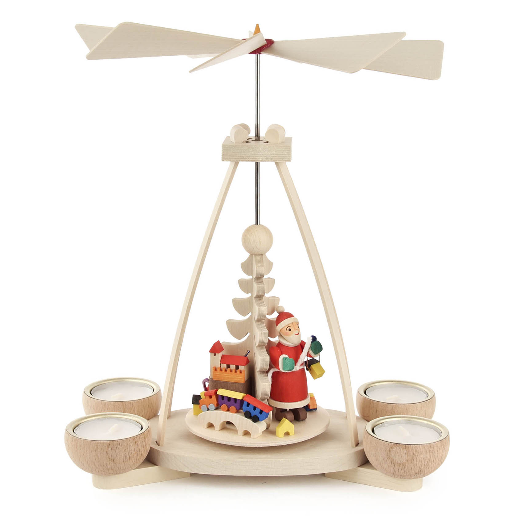 Holzpyramide mit Weihnachtsmann-Figur und vier Teelichthaltern, verziert mit bunten Paketen und Spielzeug. Oben ist ein Propeller montiert. im Dregeno Online Shop günstig kaufen