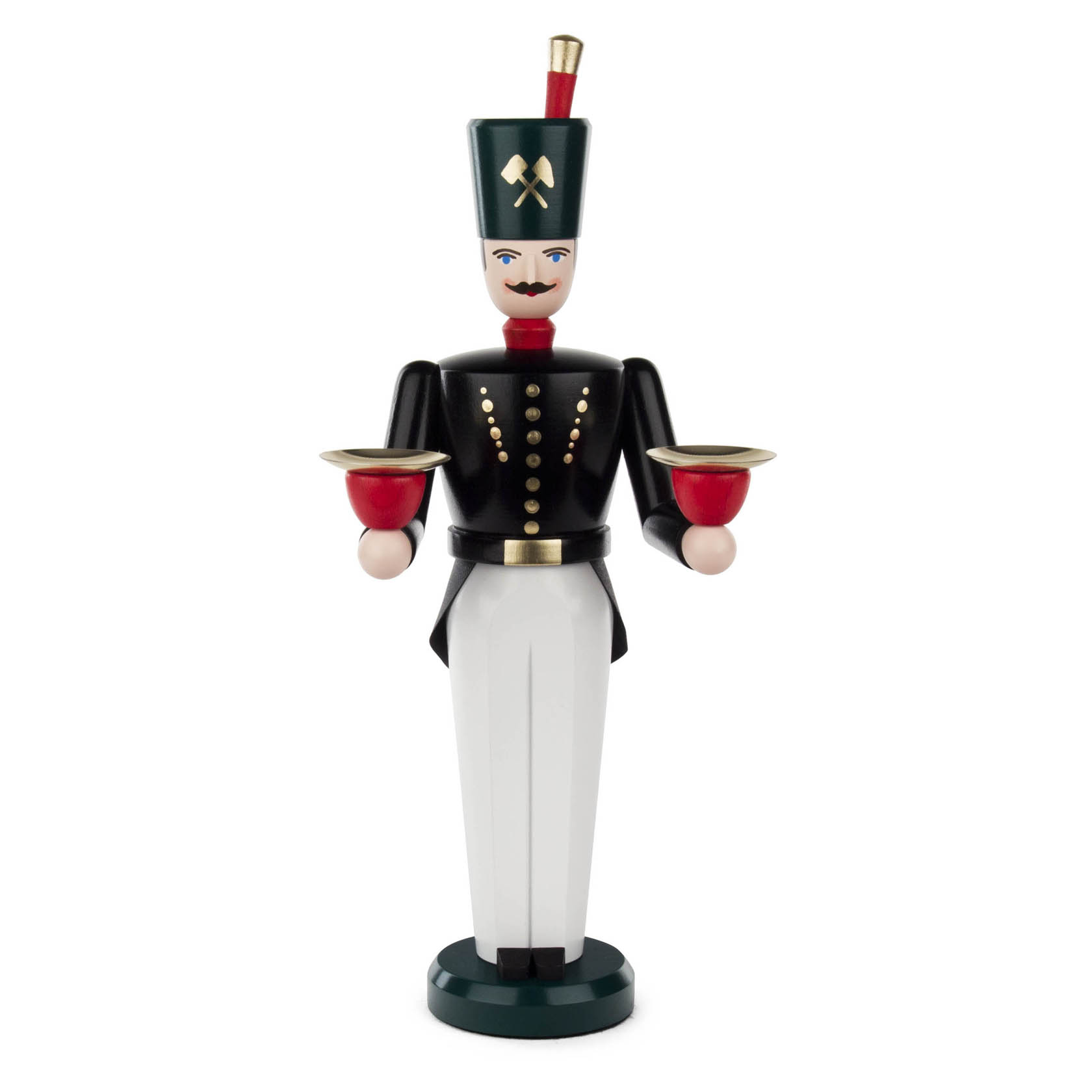 Traditionelle Holzfigur eines Bergmanns mit schwarzer Uniform, goldenem Knopf und weißer Hose. Hält zwei rote Kerzenhalter in den Händen. im Dregeno Online Shop günstig kaufen