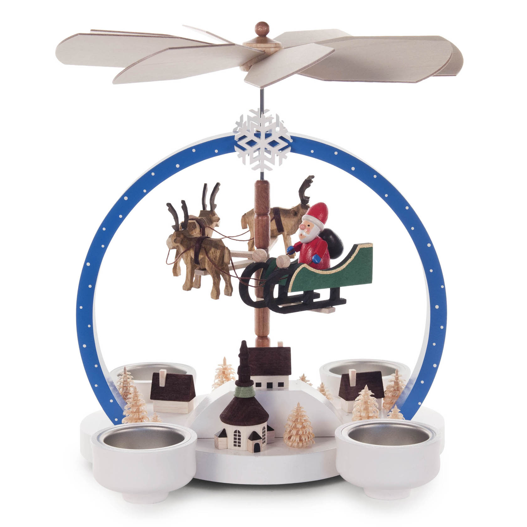 Colorful round winter-themed pyramid with tealight holders, featuring Santa in a sleigh pulled by reindeer, under large wooden fan blades. im Dregeno Online Shop günstig kaufen