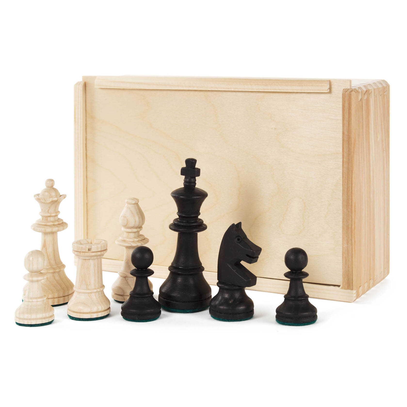 Verschiedene Schachfiguren, darunter schwarze und weiße Bauern, ein schwarzer König, eine schwarze Dame, ein schwarzer Springer und ein weißer Läufer vor einer Holzschachtel. im Dregeno Online Shop günstig kaufen