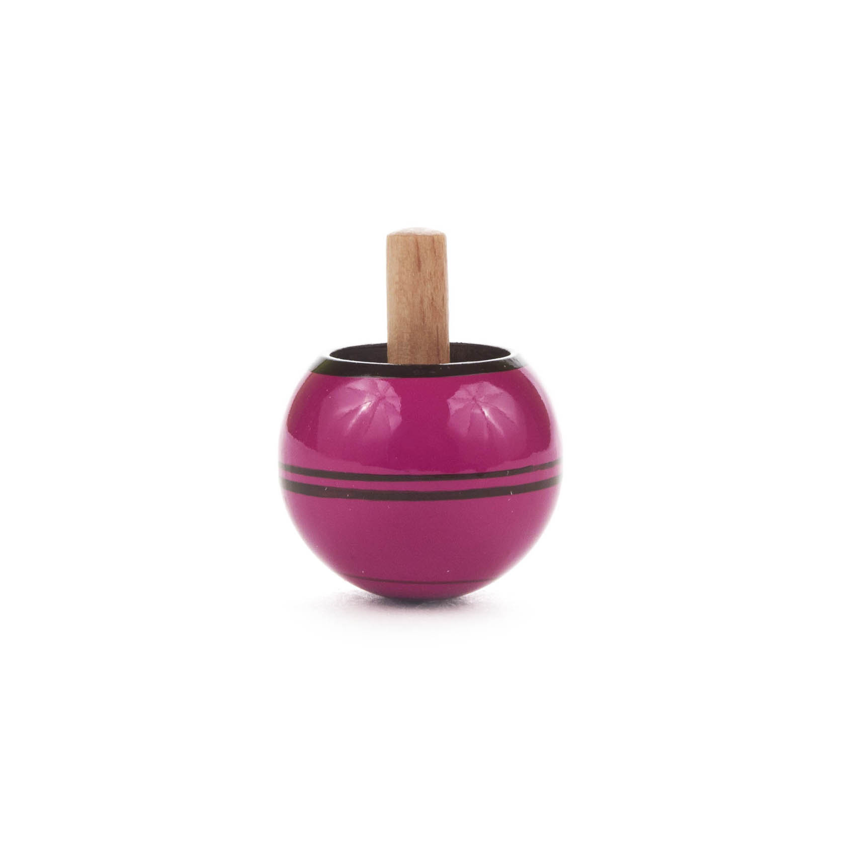 Ein violetter Steh-Auf-Kreisel mit einem Holzstab in der Mitte und zwei schwarzen Streifen um die kugelförmige Basis. im Dregeno Online Shop günstig kaufen