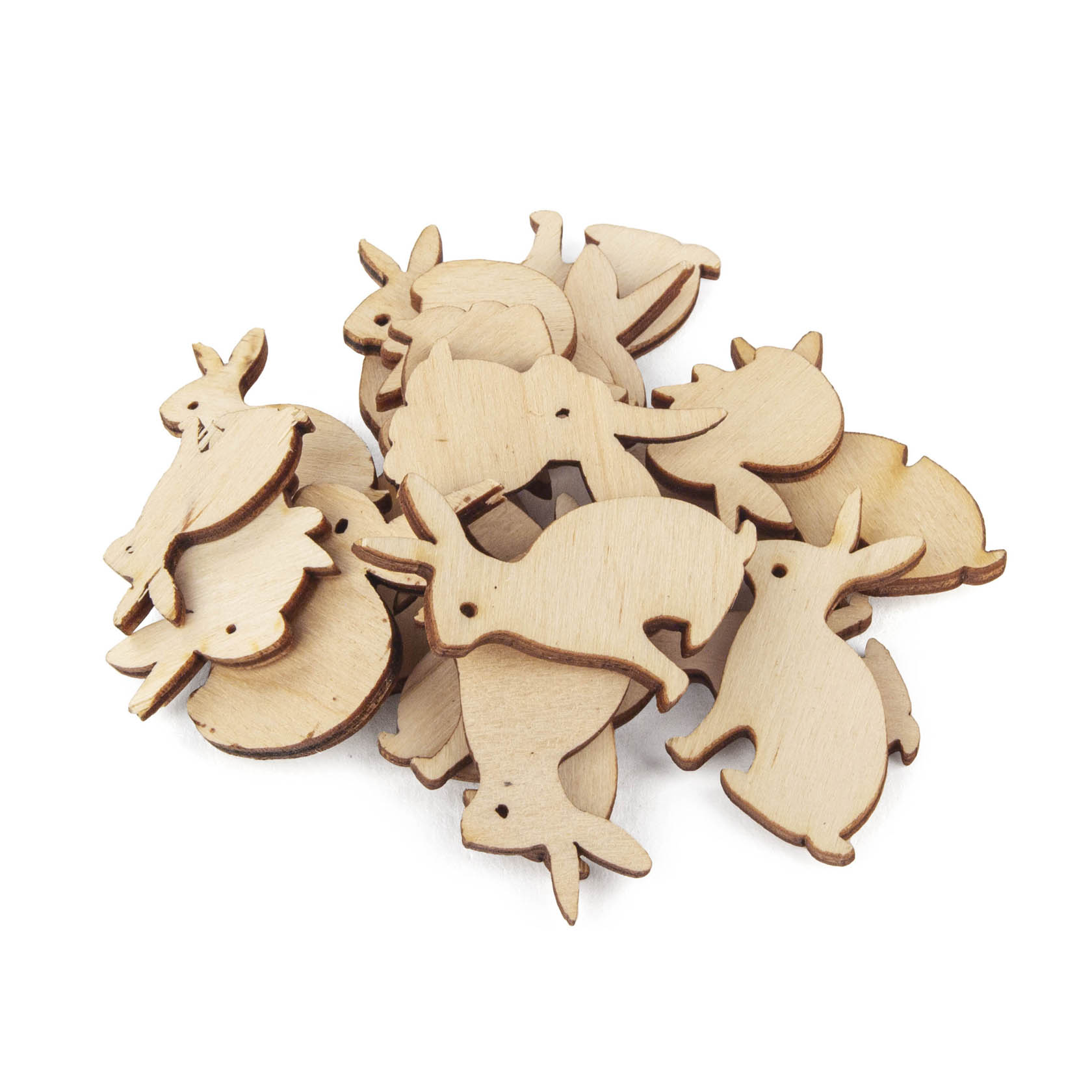 Ein Haufen aus Holz geschnittener Hasenfiguren, die als Streudeko verwendet werden können. im Dregeno Online Shop günstig kaufen