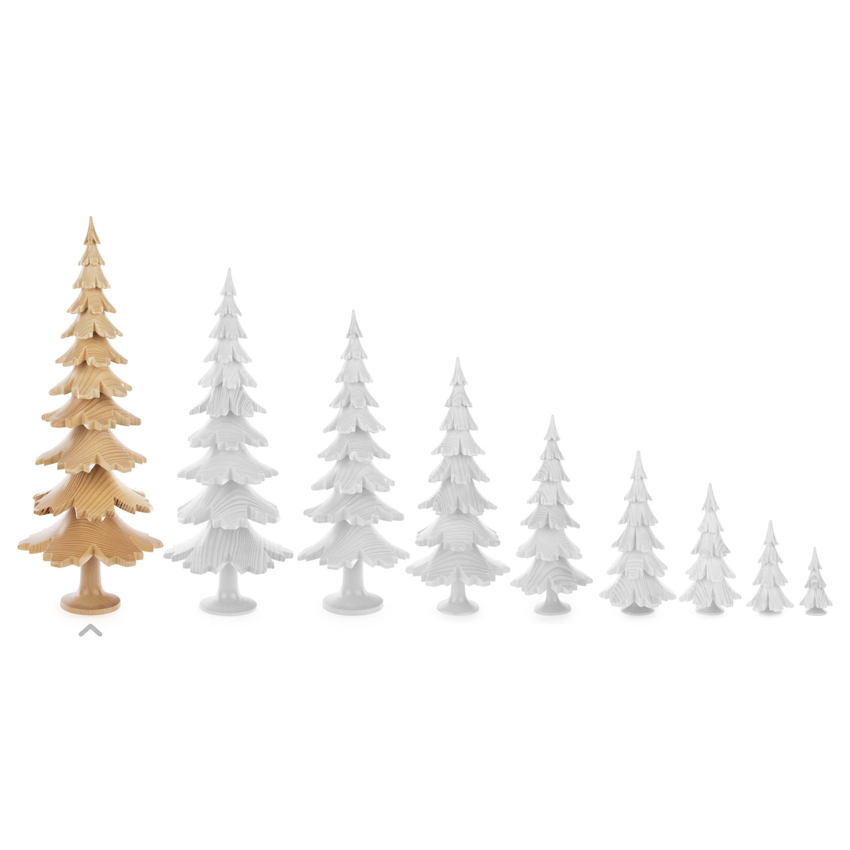 A set of nine wooden trees in varying sizes from largest in natural wood color to smallest in white.