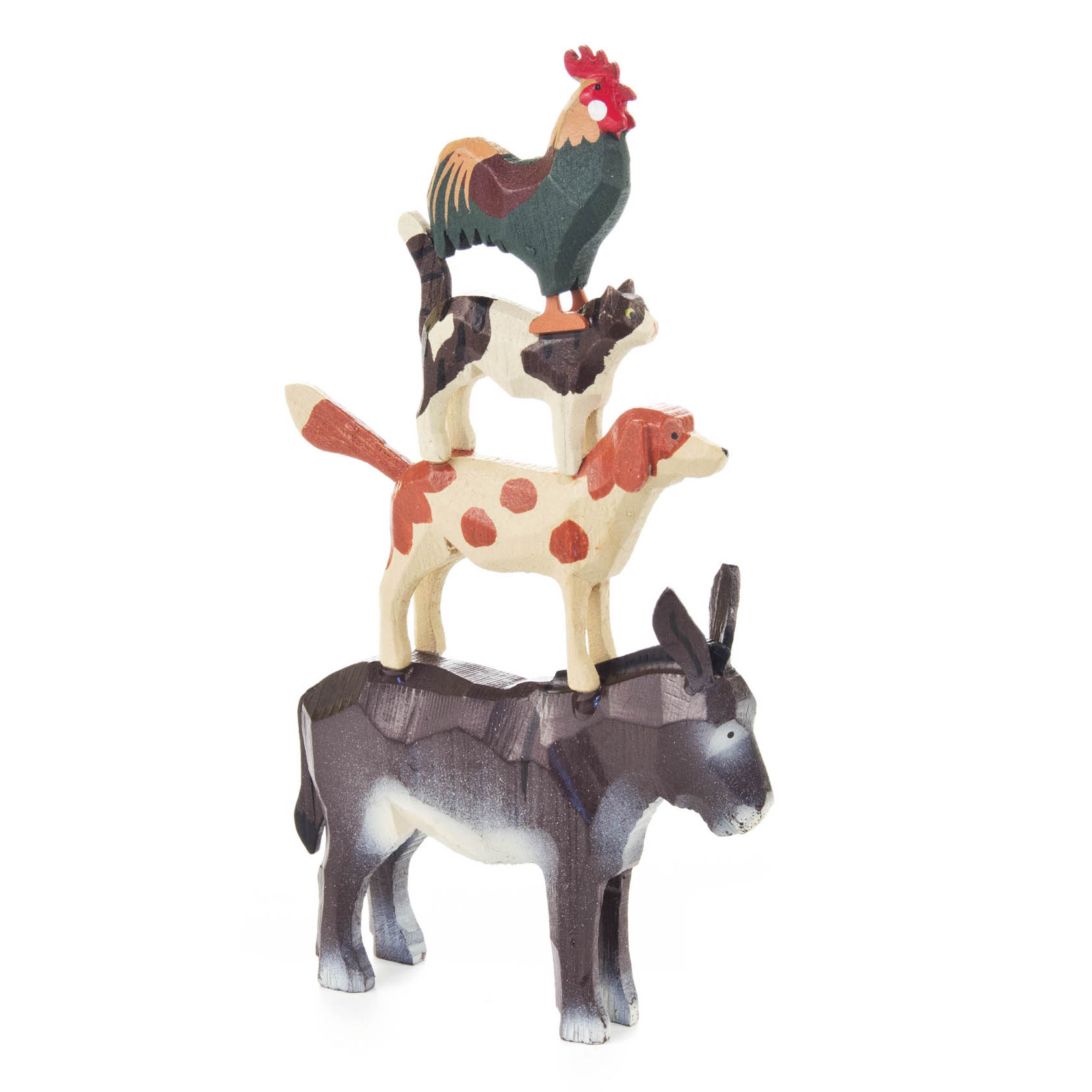 Holzskulptur der Bremer Stadtmusikanten: Ein Esel trägt einen Hund, darauf steht eine Katze und auf der Katze ein Hahn. im Dregeno Online Shop günstig kaufen