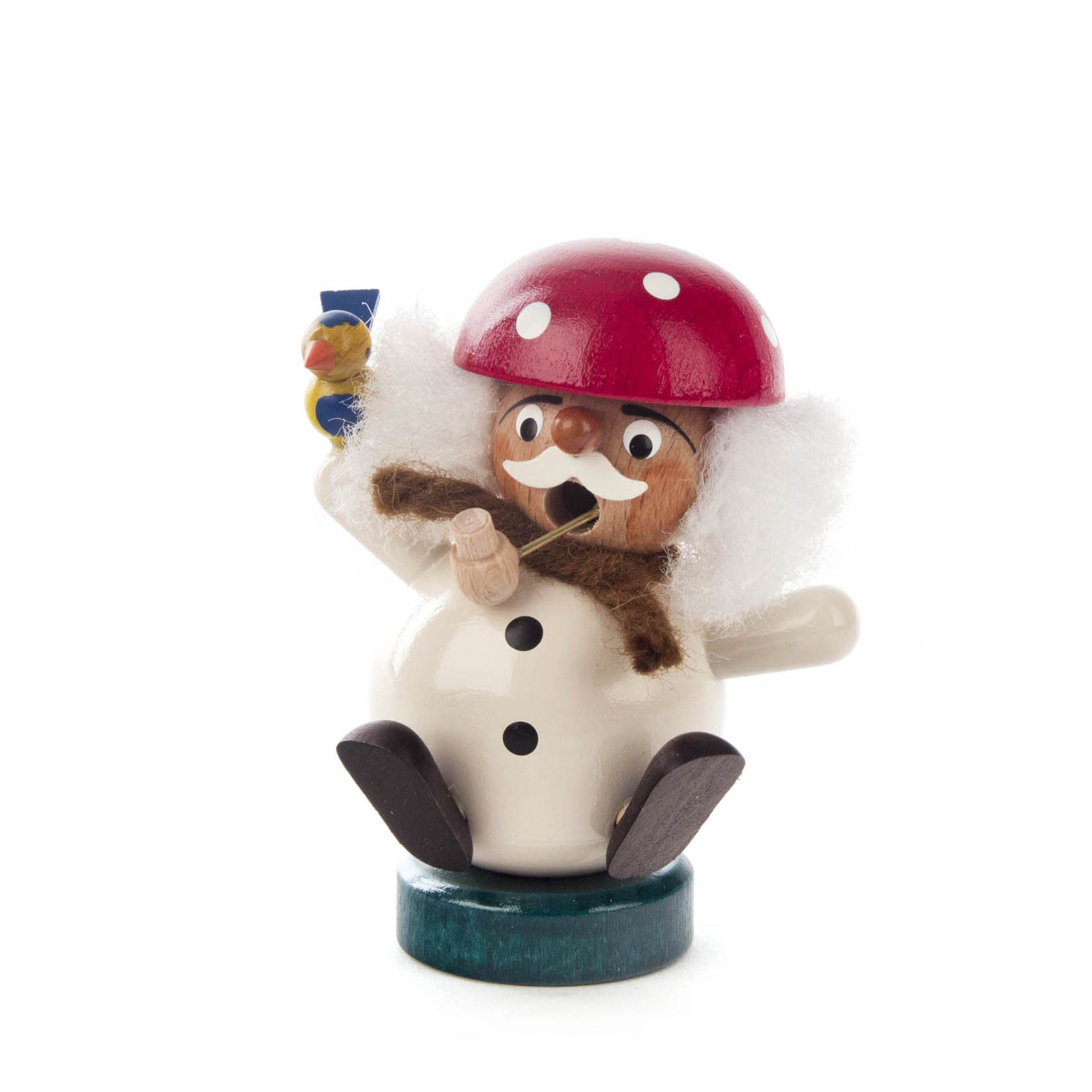 Holzfigur eines Räuchermanns in Form eines Pilzes mit rotem Hut, weißem Bart, Pfeife und einem Vogel auf der rechten Hand. im Dregeno Online Shop günstig kaufen