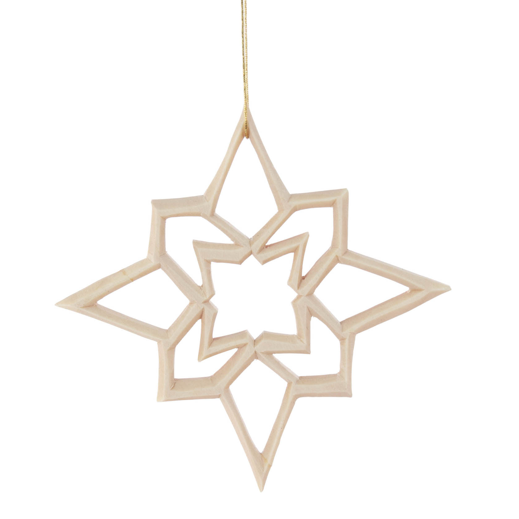 Ein geschnitzter, sechszackiger Sternanhänger aus Holz, der an einem dünnen goldenen Faden hängt. im Dregeno Online Shop günstig kaufen
