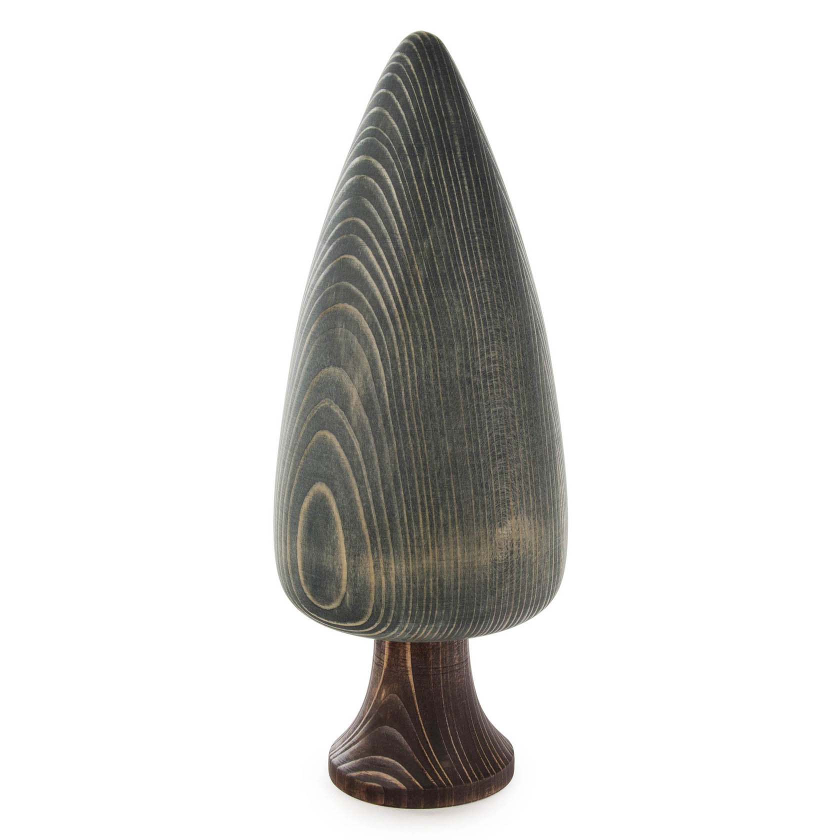 Dekorativer, konisch geformter Baum aus grün lasiertem Massivholz mit sichtbarer Holzmaserung, montiert auf einem kleinen, runden Sockel. im Dregeno Online Shop günstig kaufen