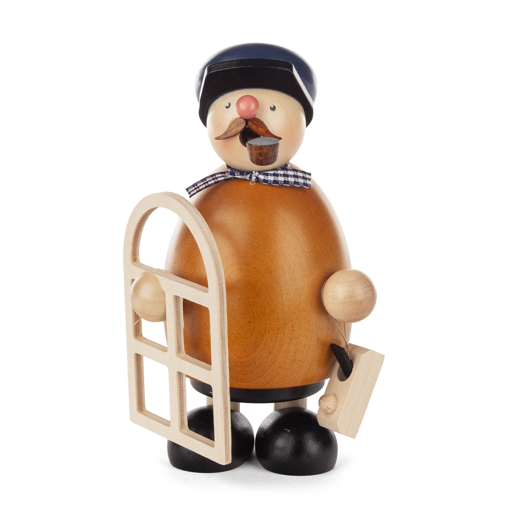 A wooden smoker figurine of a carpenter with a rounded body, holding a window frame in one hand and a saw in the other. im Dregeno Online Shop günstig kaufen
