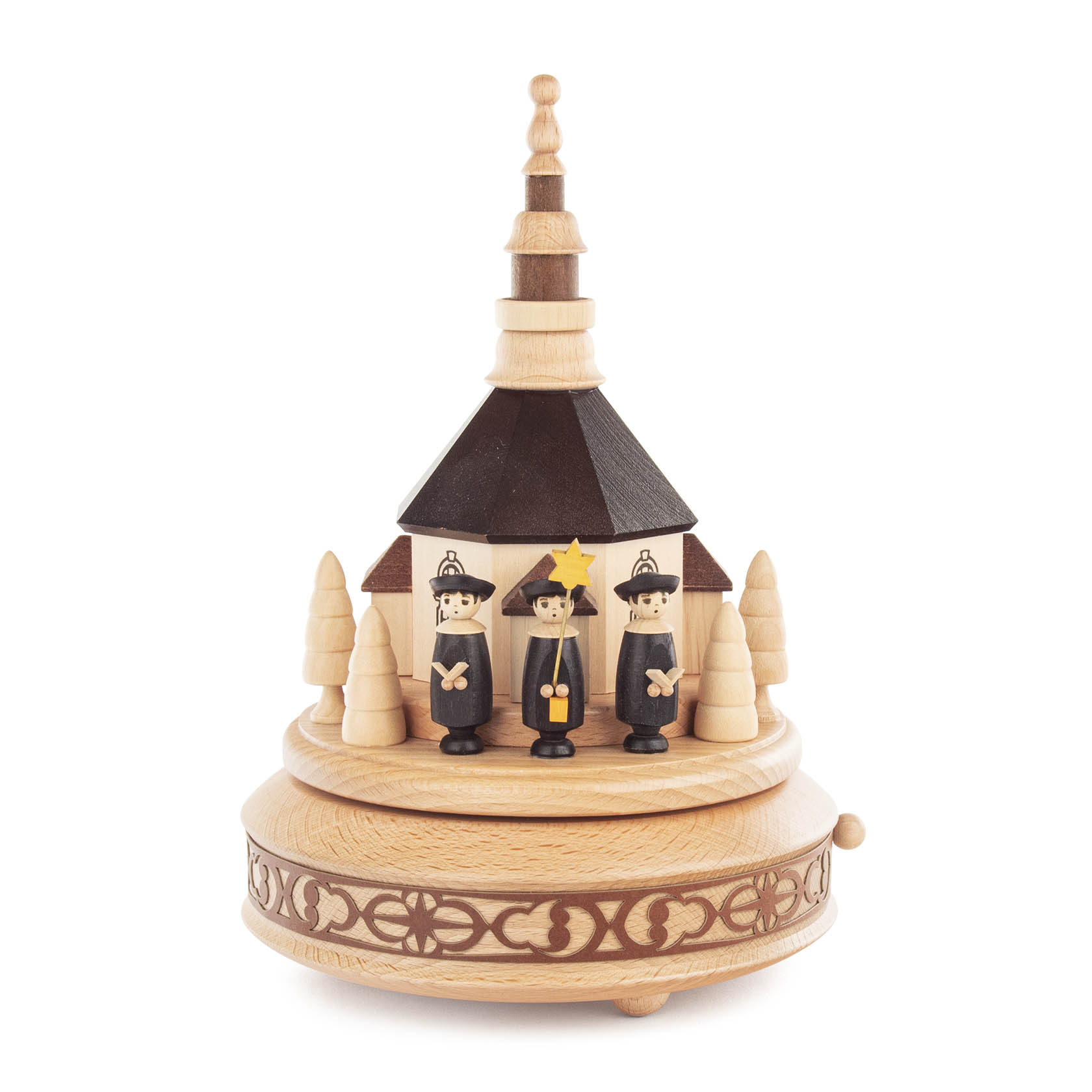 Holzspieldose mit Seiffener Kirche und Kurrendesängern, mit handgeschnitzten Figuren, spielt die Melodie 'Stille Nacht'. im Dregeno Online Shop günstig kaufen