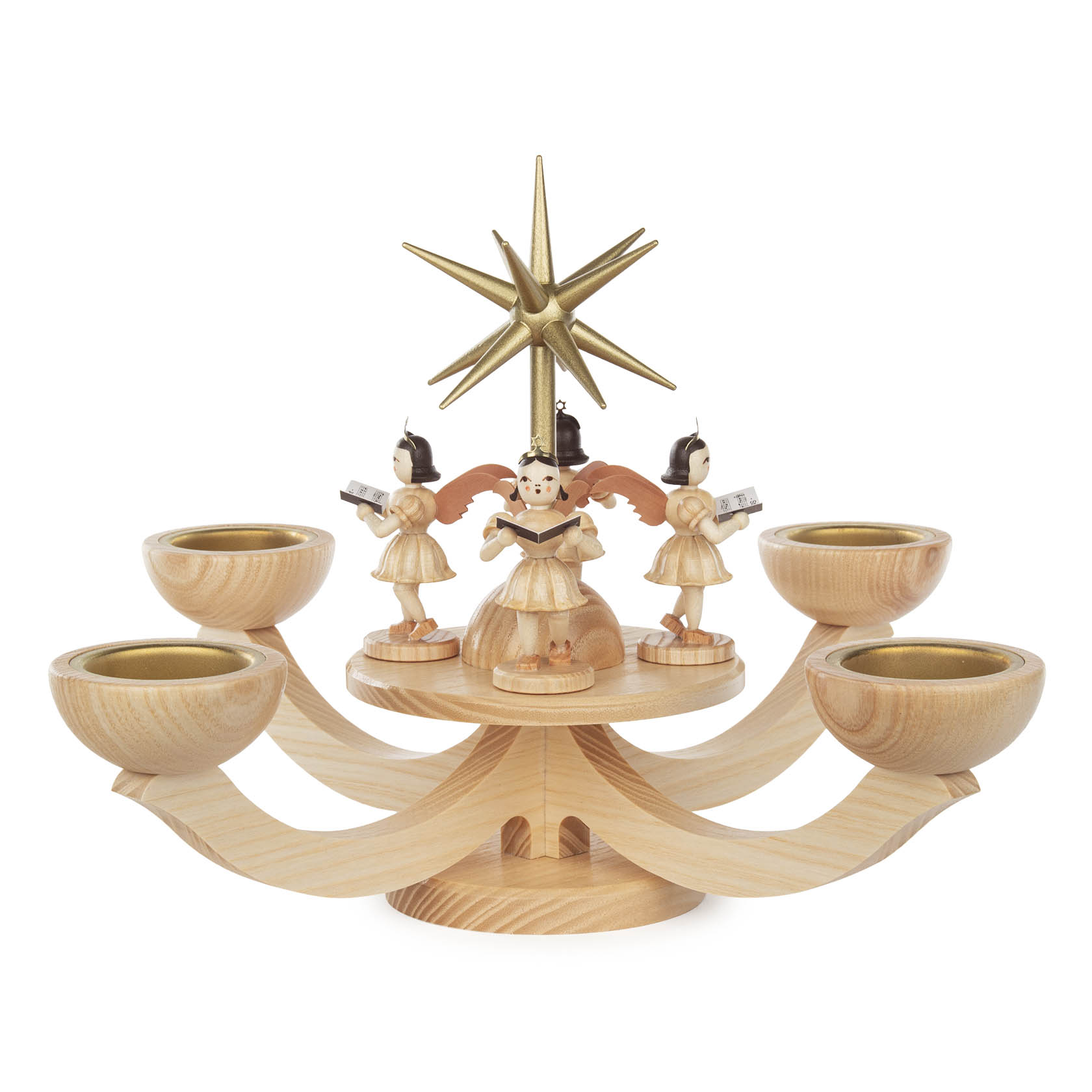 Wooden Advent chandelier featuring four carved angels in natural finish, each holding books, surrounding a central golden star, with holders for tea lights. im Dregeno Online Shop günstig kaufen