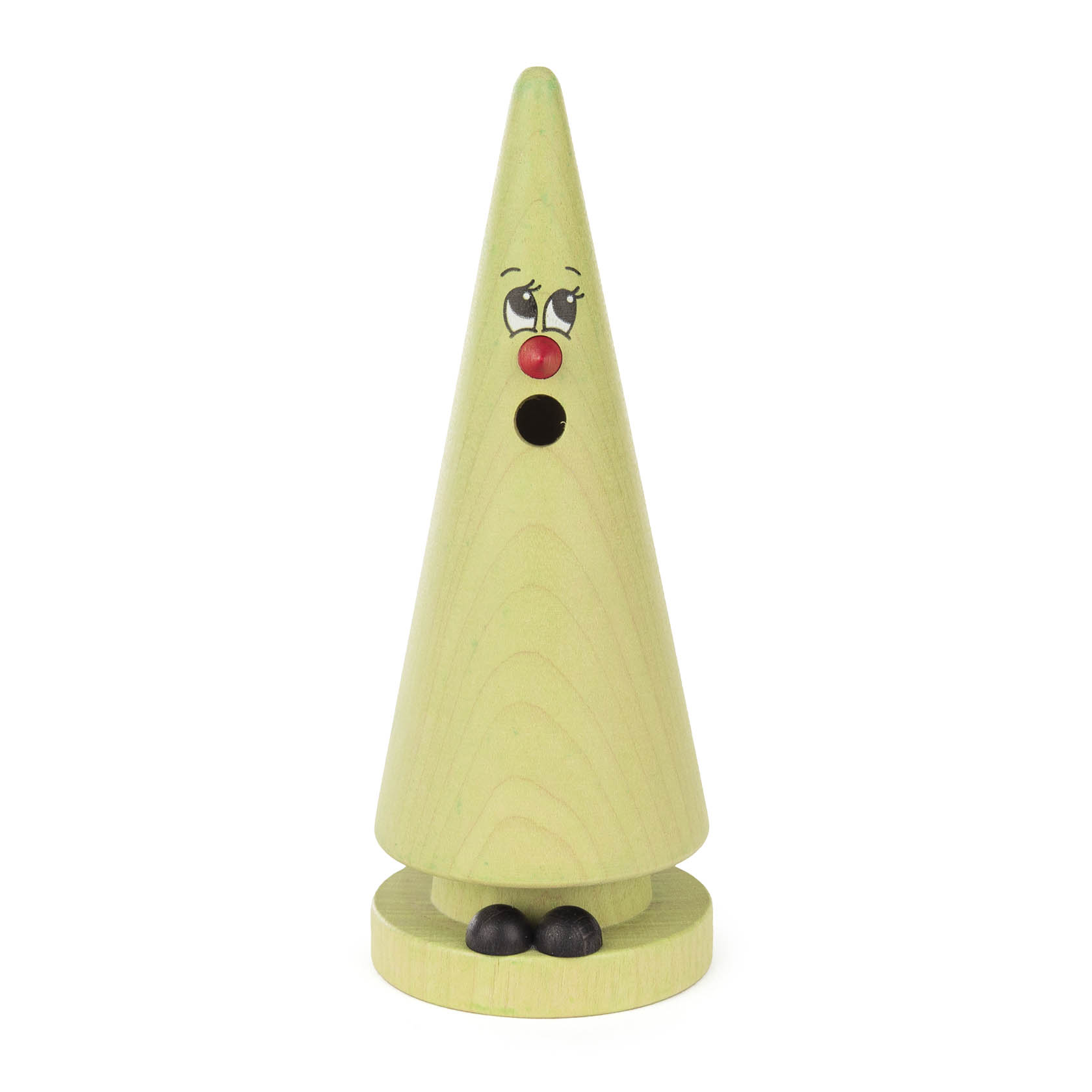 Eine grüne Räucherfigur in Form eines Kegels mit Gesicht, roter Nase und schwarzem Sockel, genannt Ziegenbein 'Mila Melisse'. im Dregeno Online Shop günstig kaufen