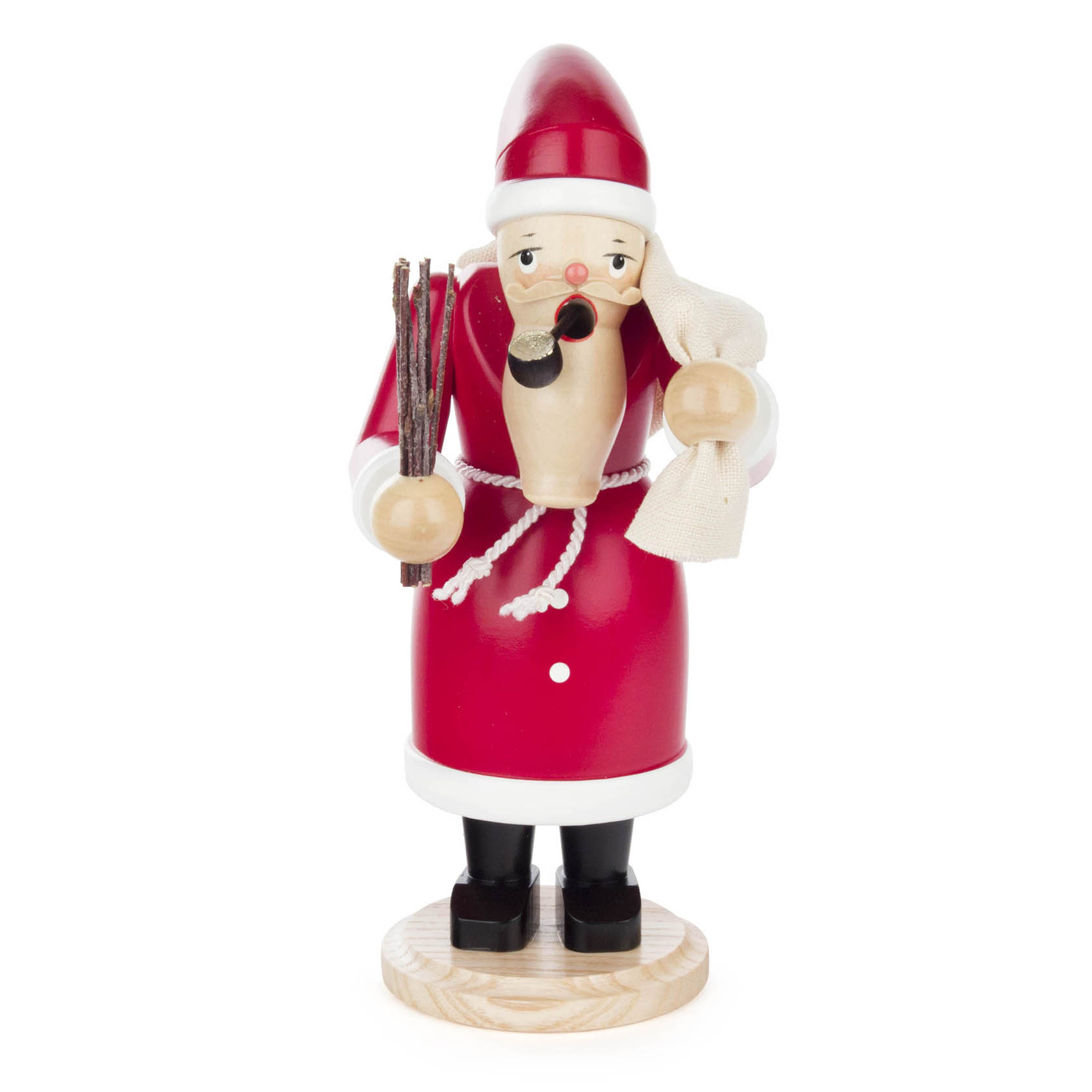 Roter Räuchermann in Form eines Weihnachtsmanns mit weißem Bart, schwarzem Hut und Mantel. Er hält einen Sack und Zweige in den Händen.