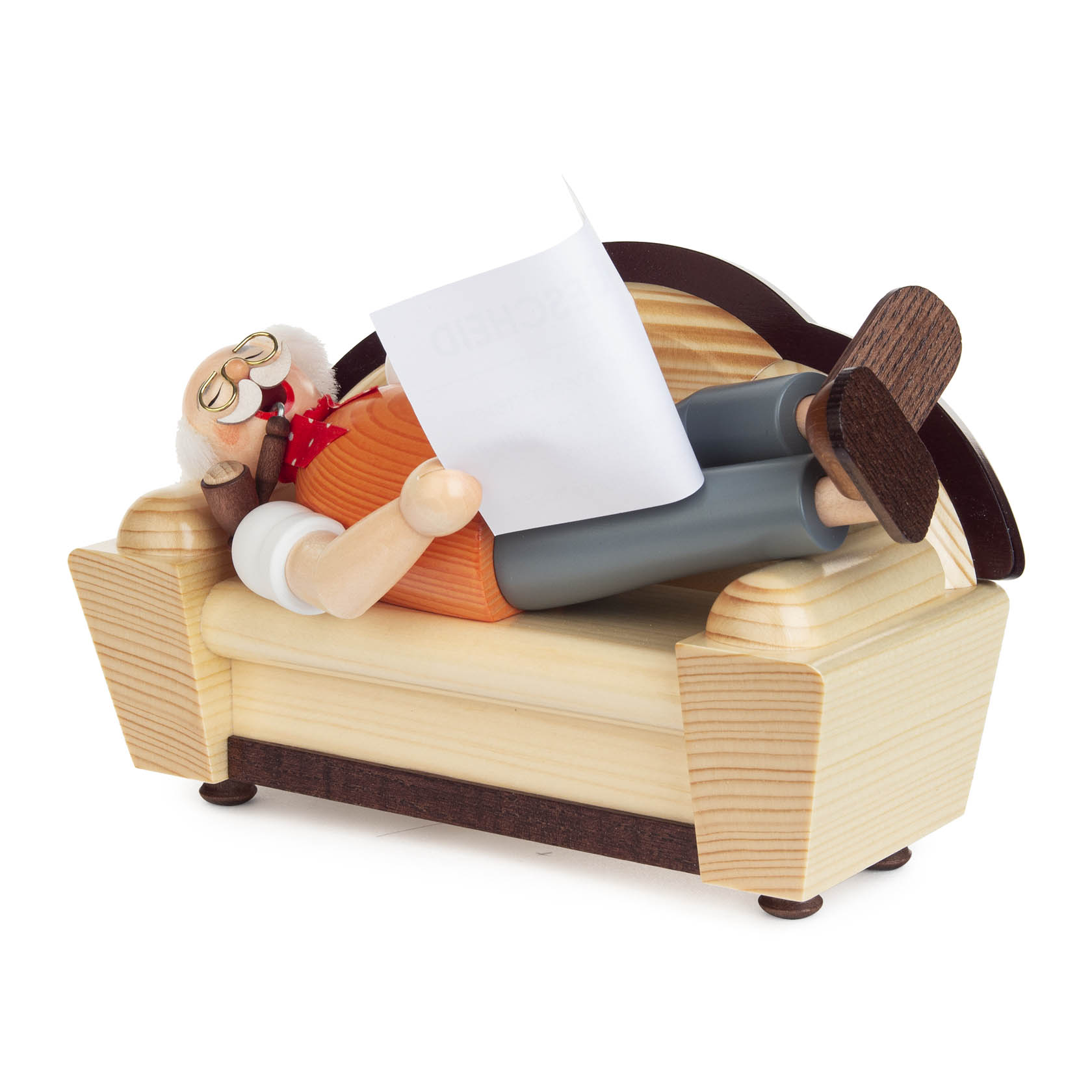 Wooden incense smoker figure depicting a retired man relaxing on a sofa, holding a newspaper, with a white beard, glasses, and a red bow tie.