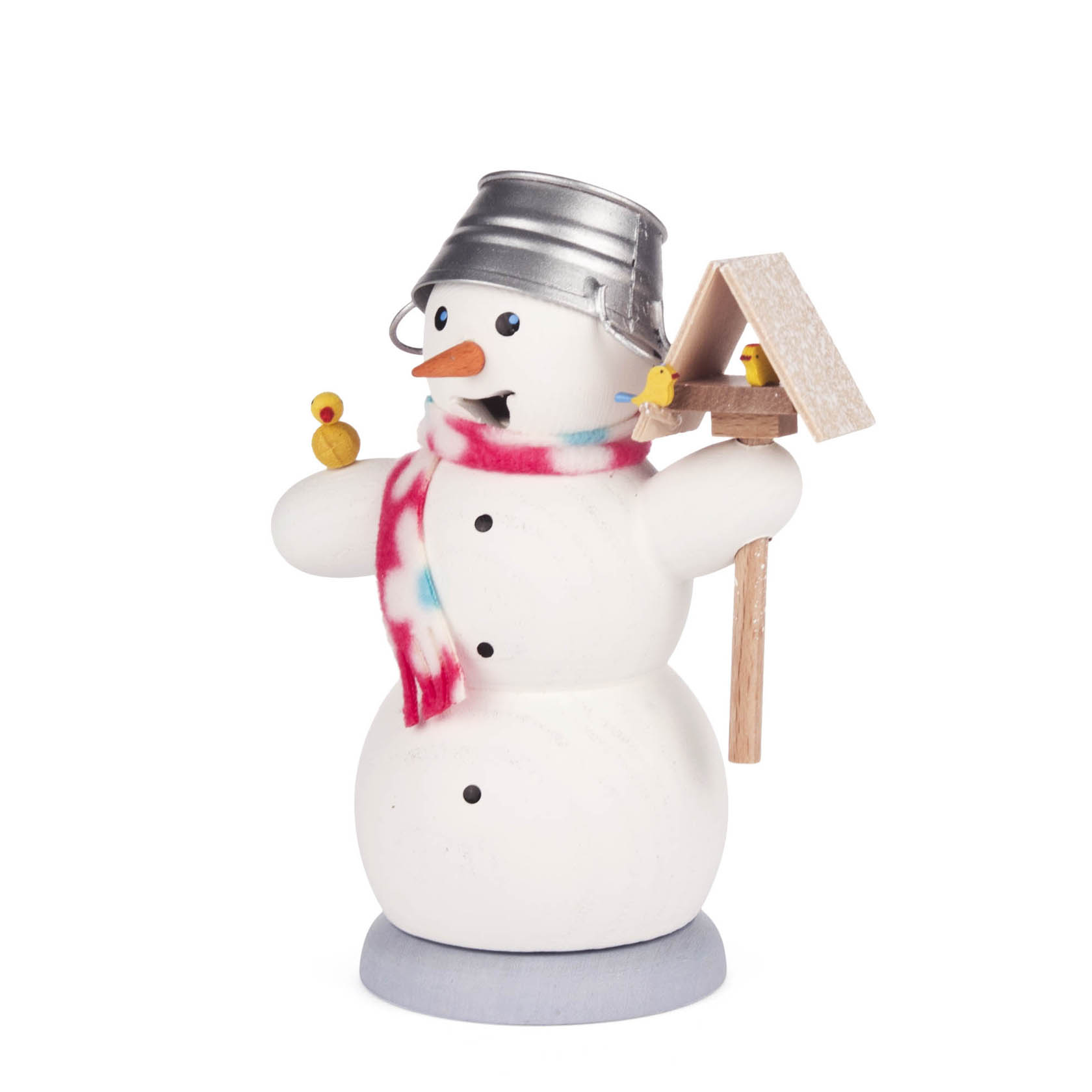 Ein lächelnder Schneemann-Räuchermann mit Eimerhut und bunter Schal hält ein kleines Vogelhaus, mit gelbem Vogel darauf, in seiner Hand. im Dregeno Online Shop günstig kaufen