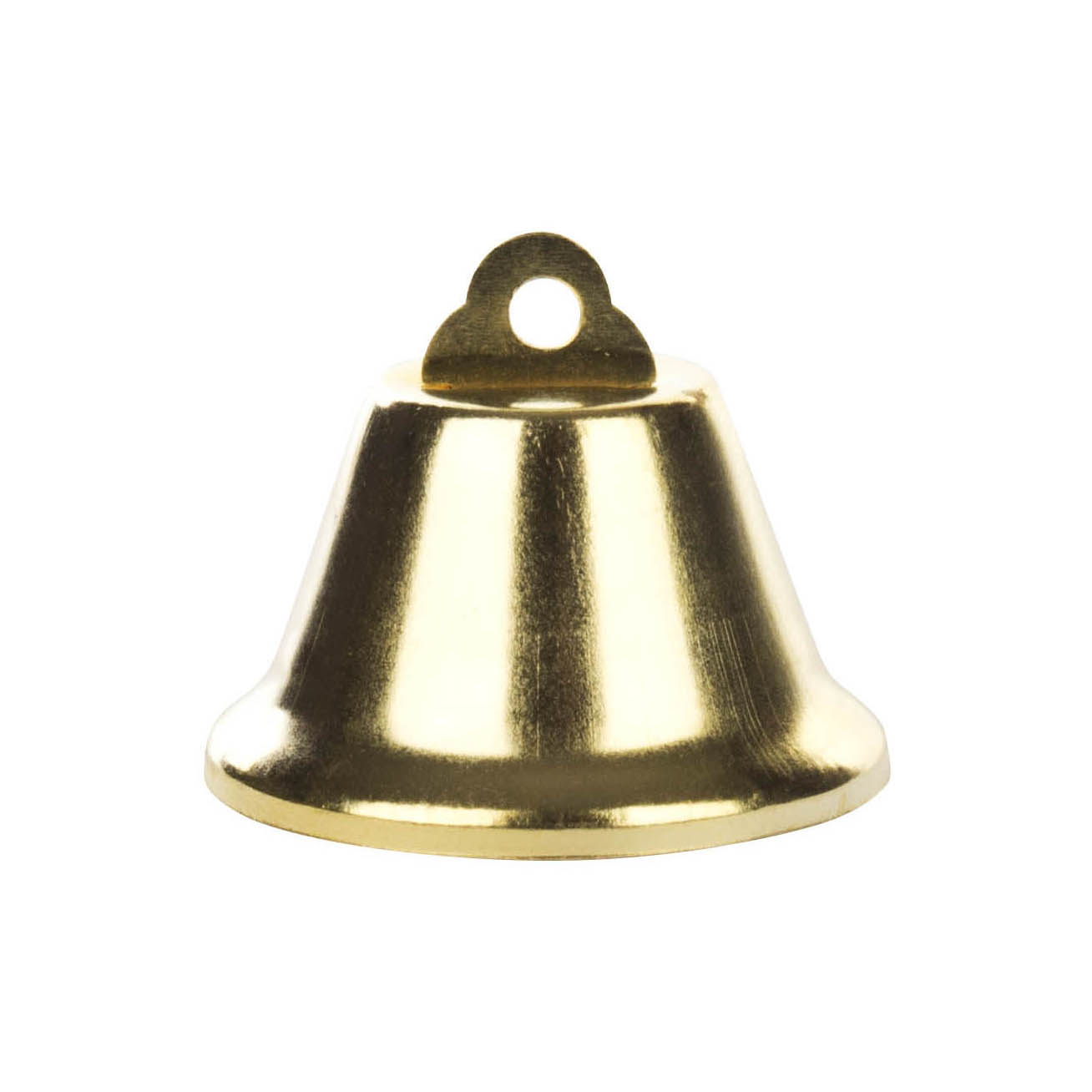 Ein einzelnes, glänzendes Messingglöckchen mit einer Höhe von 40mm. Es hat eine glatte Oberfläche und eine kleine Halterung oben zum Aufhängen. im Dregeno Online Shop günstig kaufen