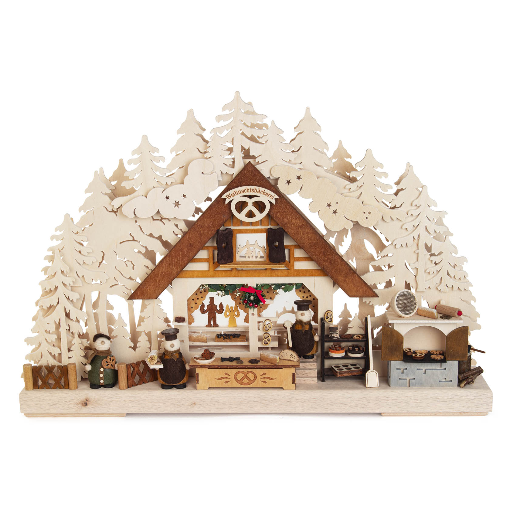 Kleiner Schwibbogen mit Szenen aus einer Weihnachtsbäckerei, Figuren und Bäume aus Holz, elektrische Beleuchtung. im Dregeno Online Shop günstig kaufen
